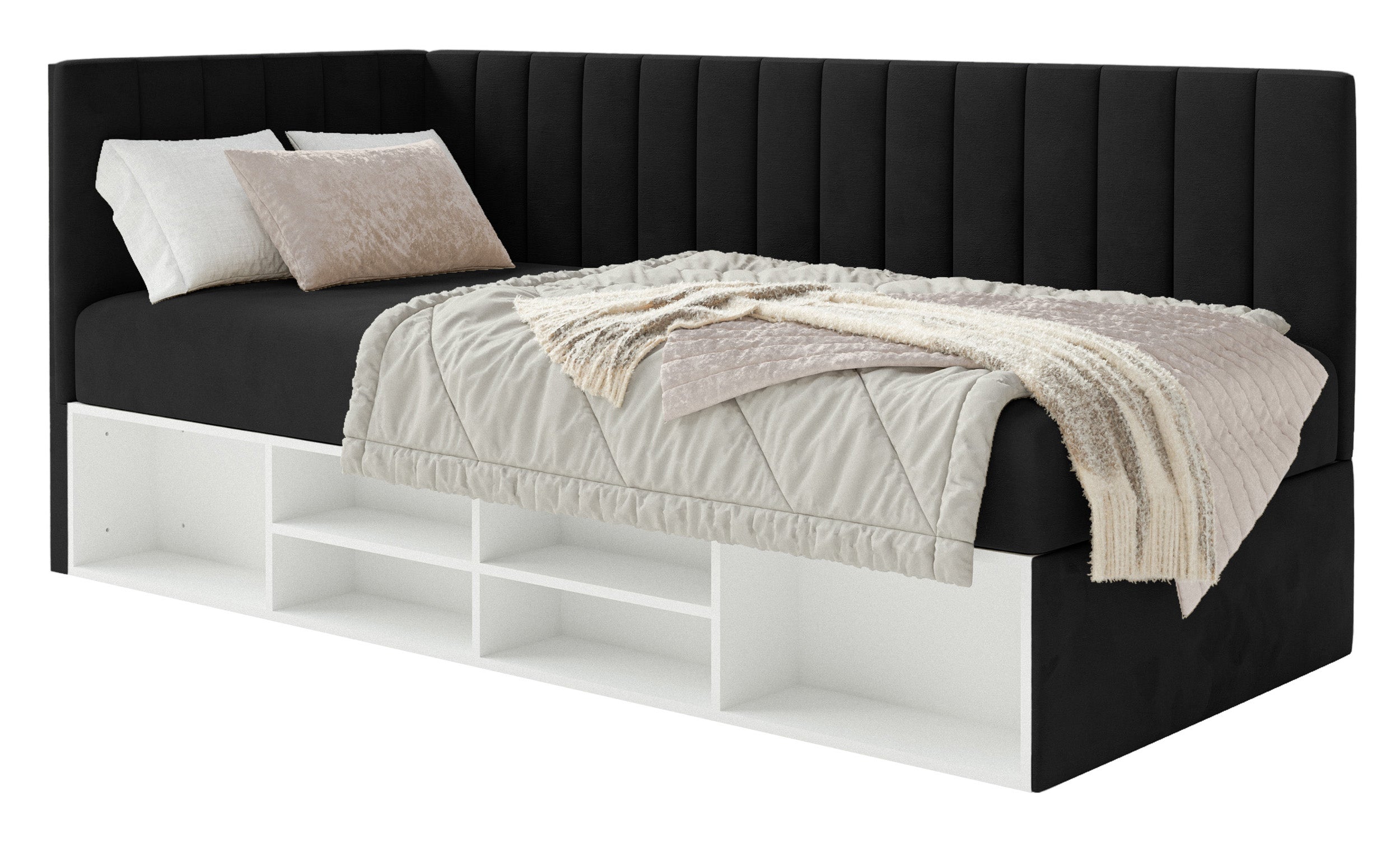 Jugendbett 90x200 cm Ventrio linksseitig mit Stauraum und Regalen, schwarzer Velours, wasserabweisend und leicht zu reinigen