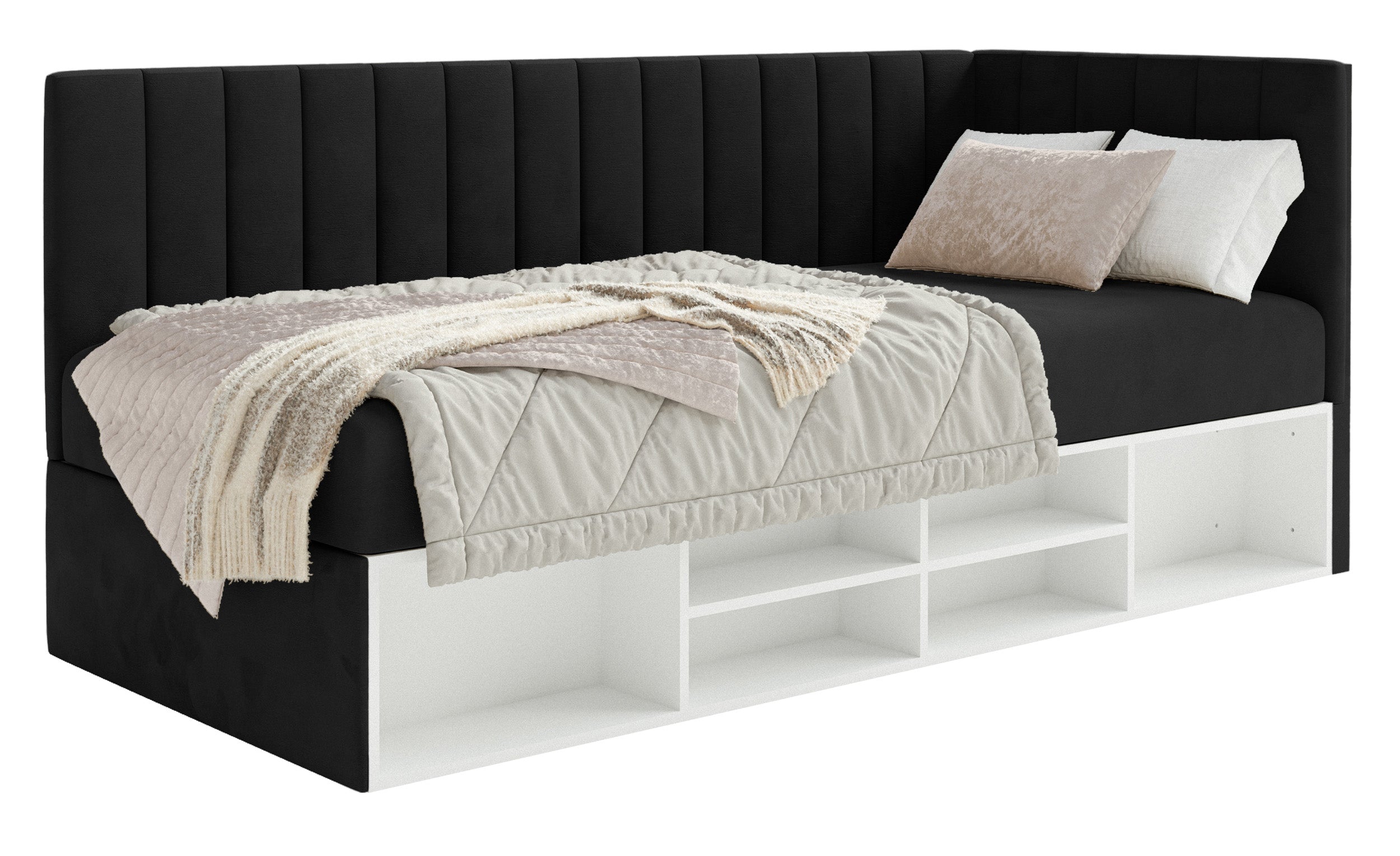 Jugendbett 90x200 cm Ventrio rechtsseitig mit Stauraum und Regalen, schwarzer Velours, wasserabweisend und leicht zu reinigen