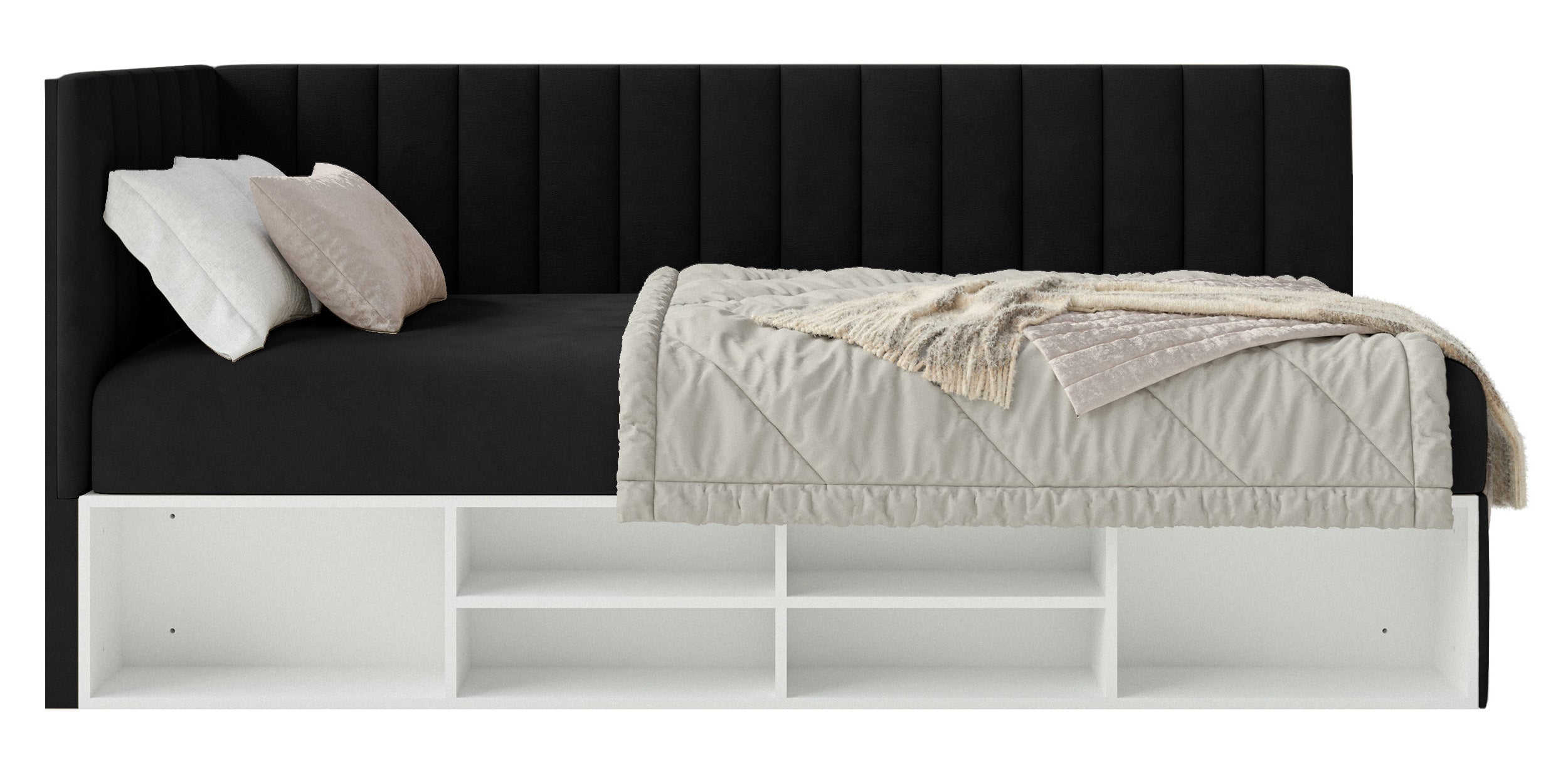 Jugendbett 90x200 cm Ventrio linksseitig mit Stauraum und Regalen, schwarzer Velours, wasserabweisend und leicht zu reinigen