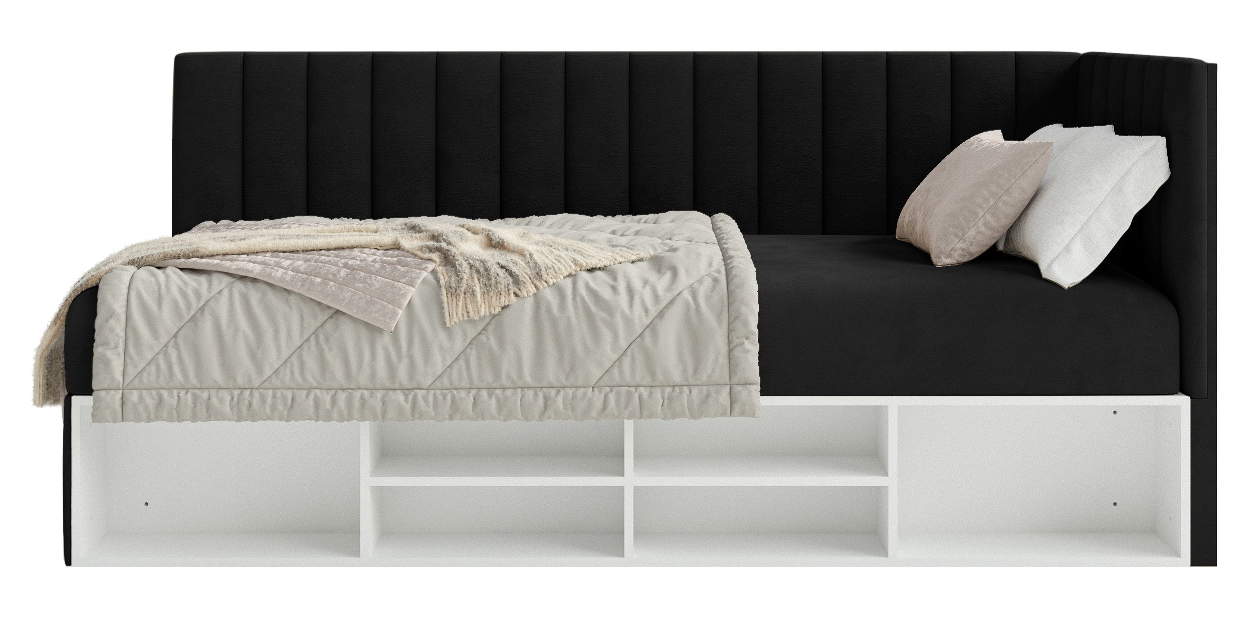 Jugendbett 90x200 cm Ventrio rechtsseitig mit Stauraum und Regalen, schwarzer Velours, wasserabweisend und leicht zu reinigen