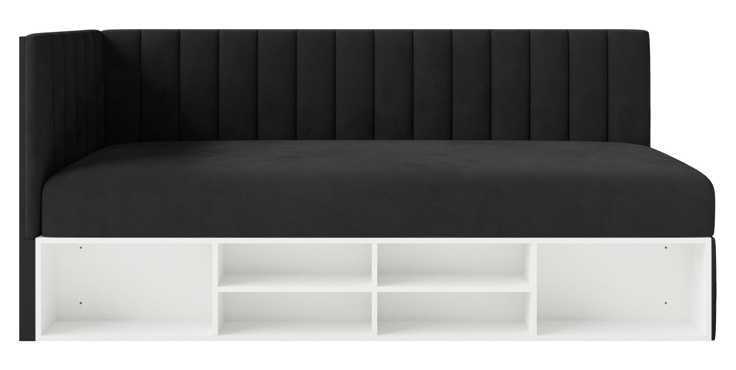 Jugendbett 90x200 cm Ventrio linksseitig mit Stauraum und Regalen, schwarzer Velours, wasserabweisend und leicht zu reinigen