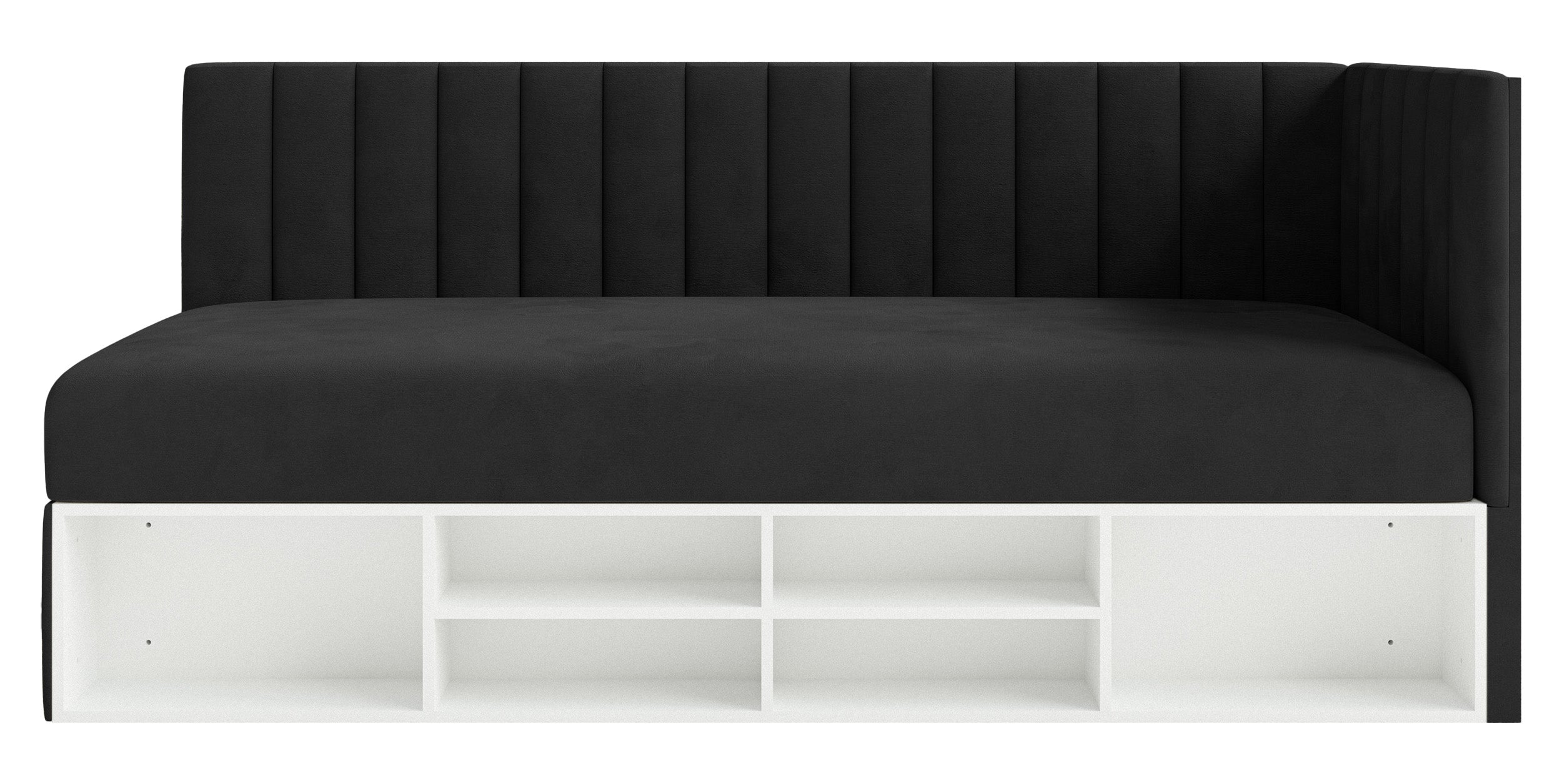 Jugendbett 90x200 cm Ventrio rechtsseitig mit Stauraum und Regalen, schwarzer Velours, wasserabweisend und leicht zu reinigen
