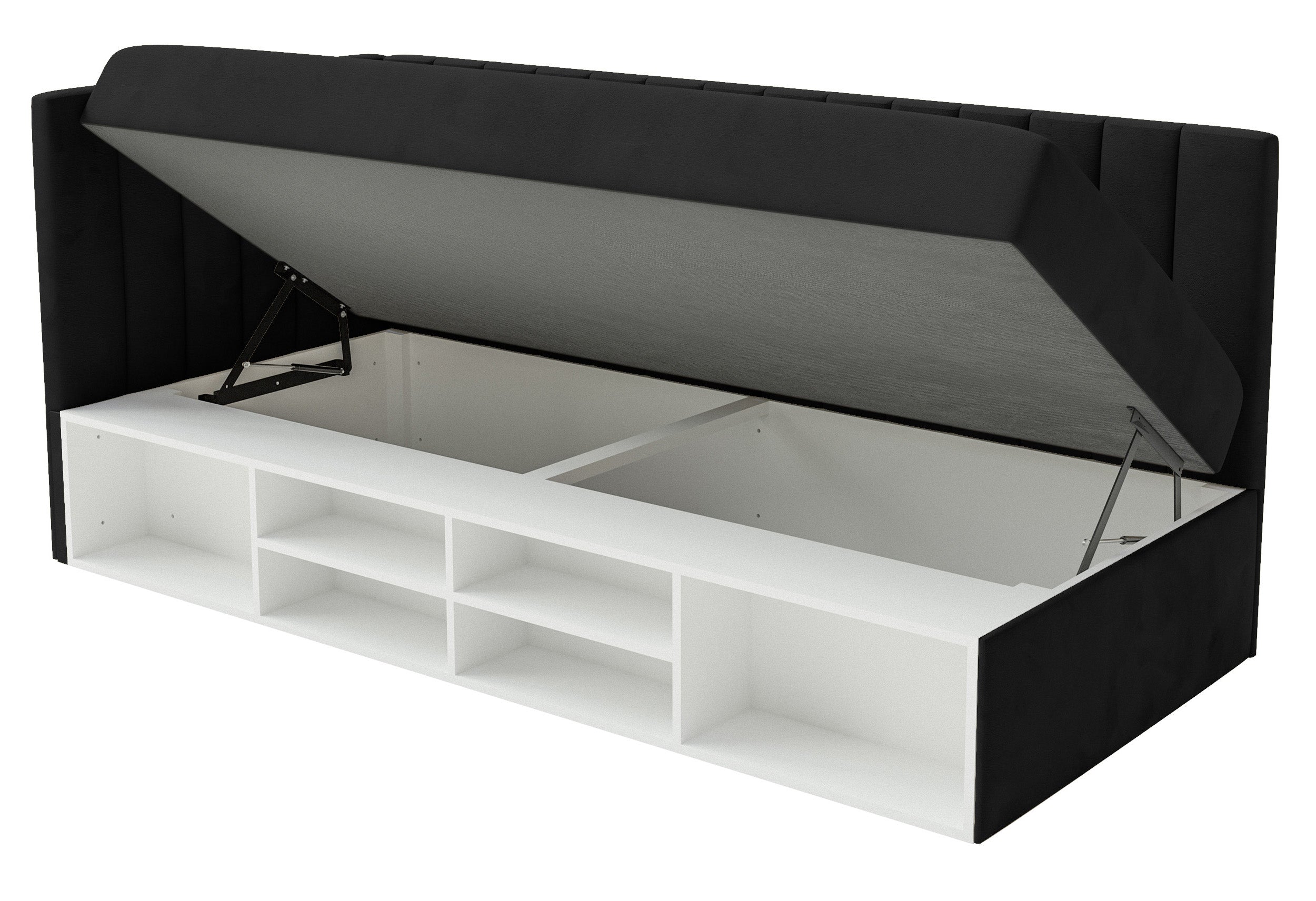 Jugendbett 90x200 cm Ventrio linksseitig mit Stauraum und Regalen, schwarzer Velours, wasserabweisend und leicht zu reinigen