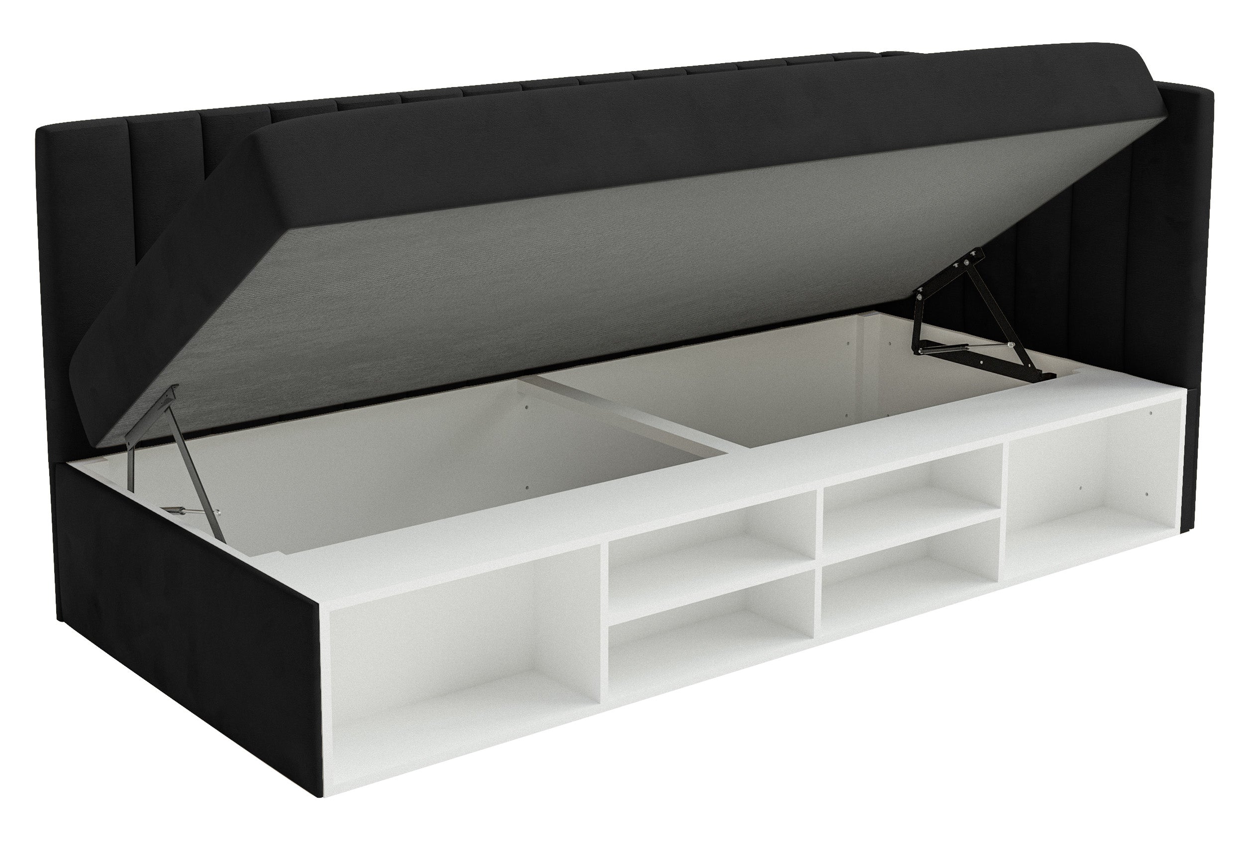 Jugendbett 90x200 cm Ventrio rechtsseitig mit Stauraum und Regalen, schwarzer Velours, wasserabweisend und leicht zu reinigen
