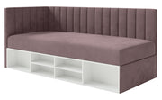 Jugendbett 90x200 cm Ventrio linksseitig mit Stauraum und Regalen, violetter Velours, wasserabweisend und leicht zu reinigen