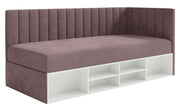 Jugendbett 90x200 cm Ventrio rechtsseitig mit Stauraum und Regalen, violetter Velours, hydrophob und leicht zu reinigen