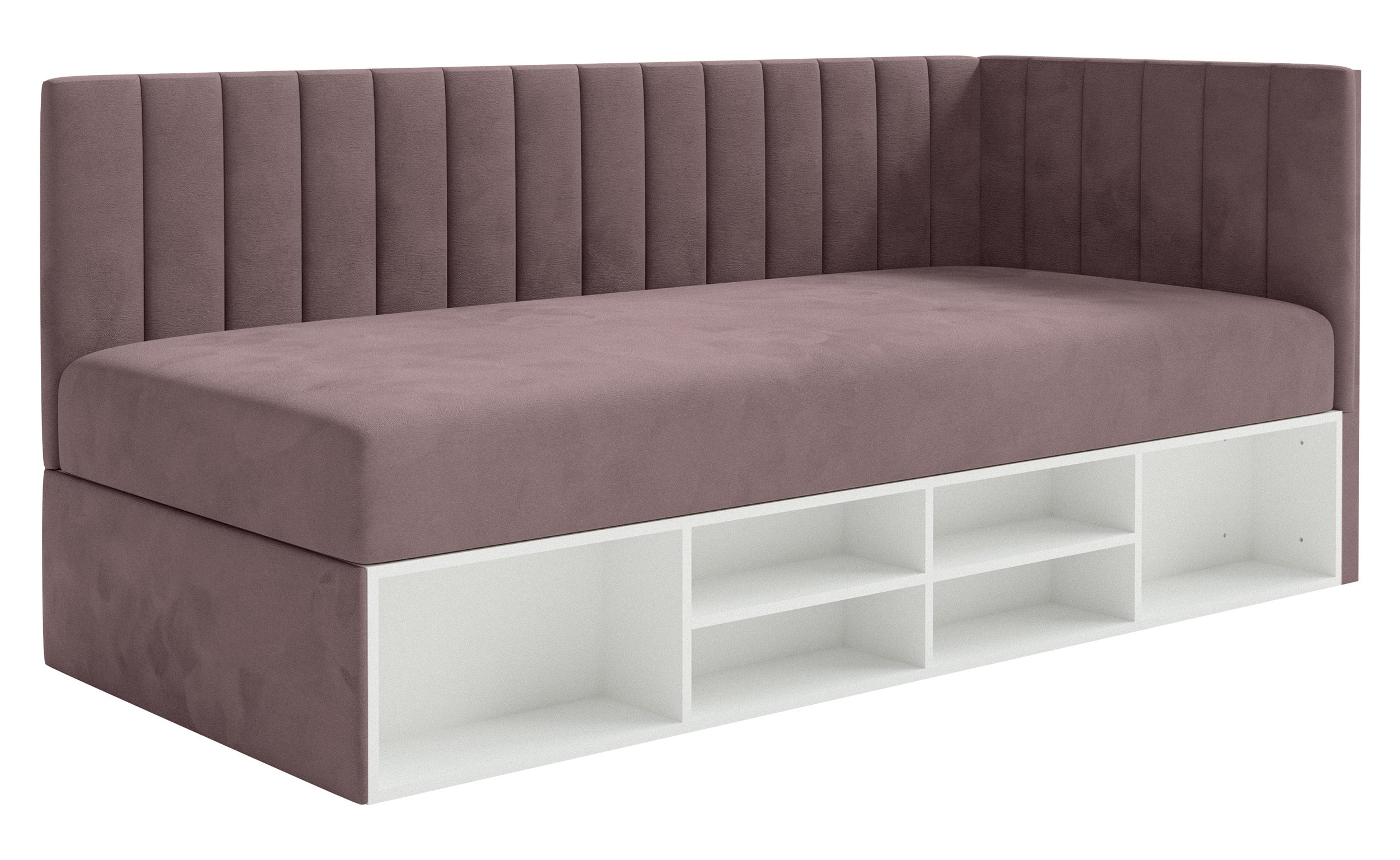 Jugendbett 90x200 cm Ventrio rechtsseitig mit Stauraum und Regalen, violetter Velours, hydrophob und leicht zu reinigen
