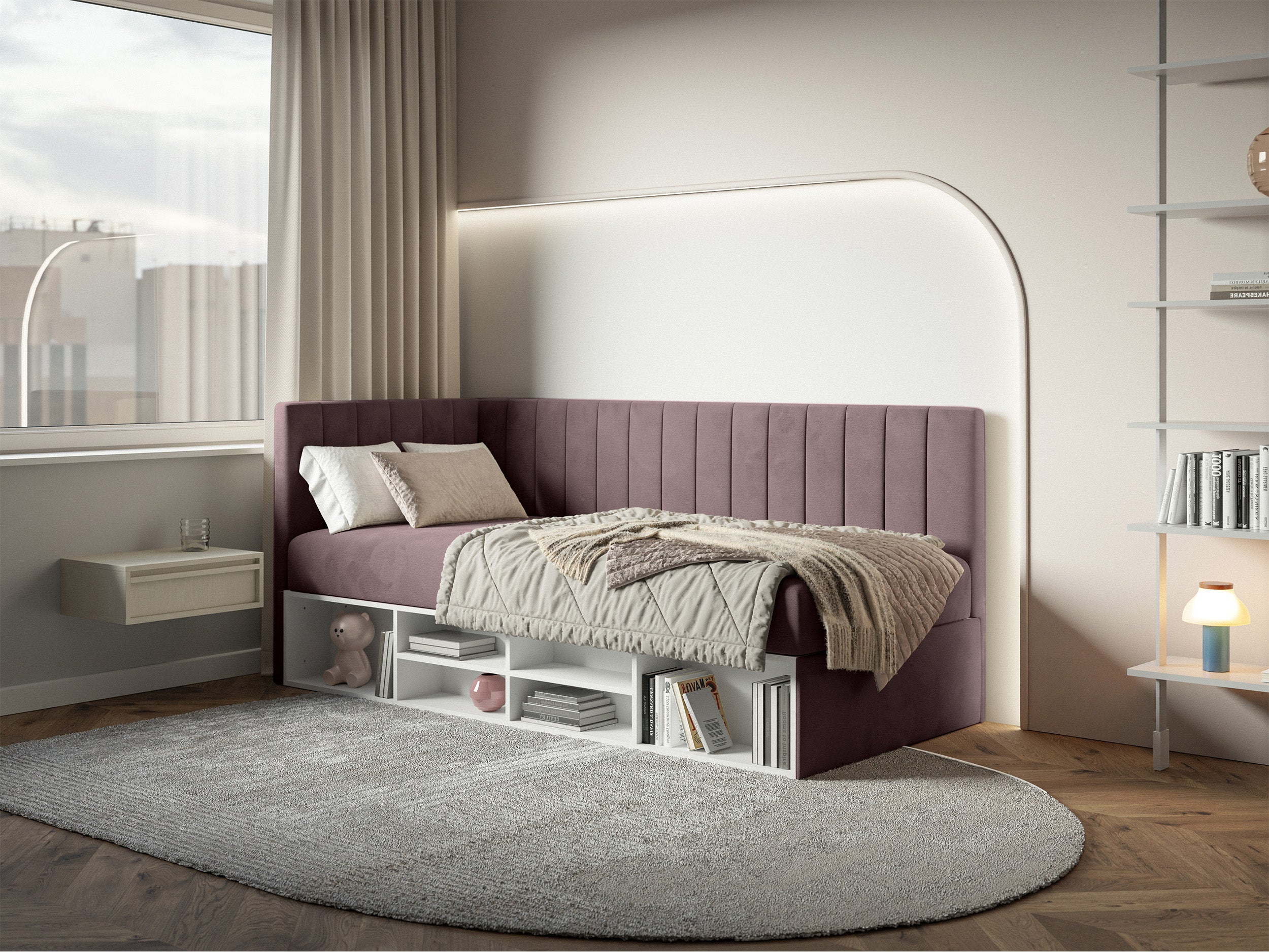 Jugendbett 90x200 cm Ventrio linksseitig mit Stauraum und Regalen, violetter Velours, wasserabweisend und leicht zu reinigen