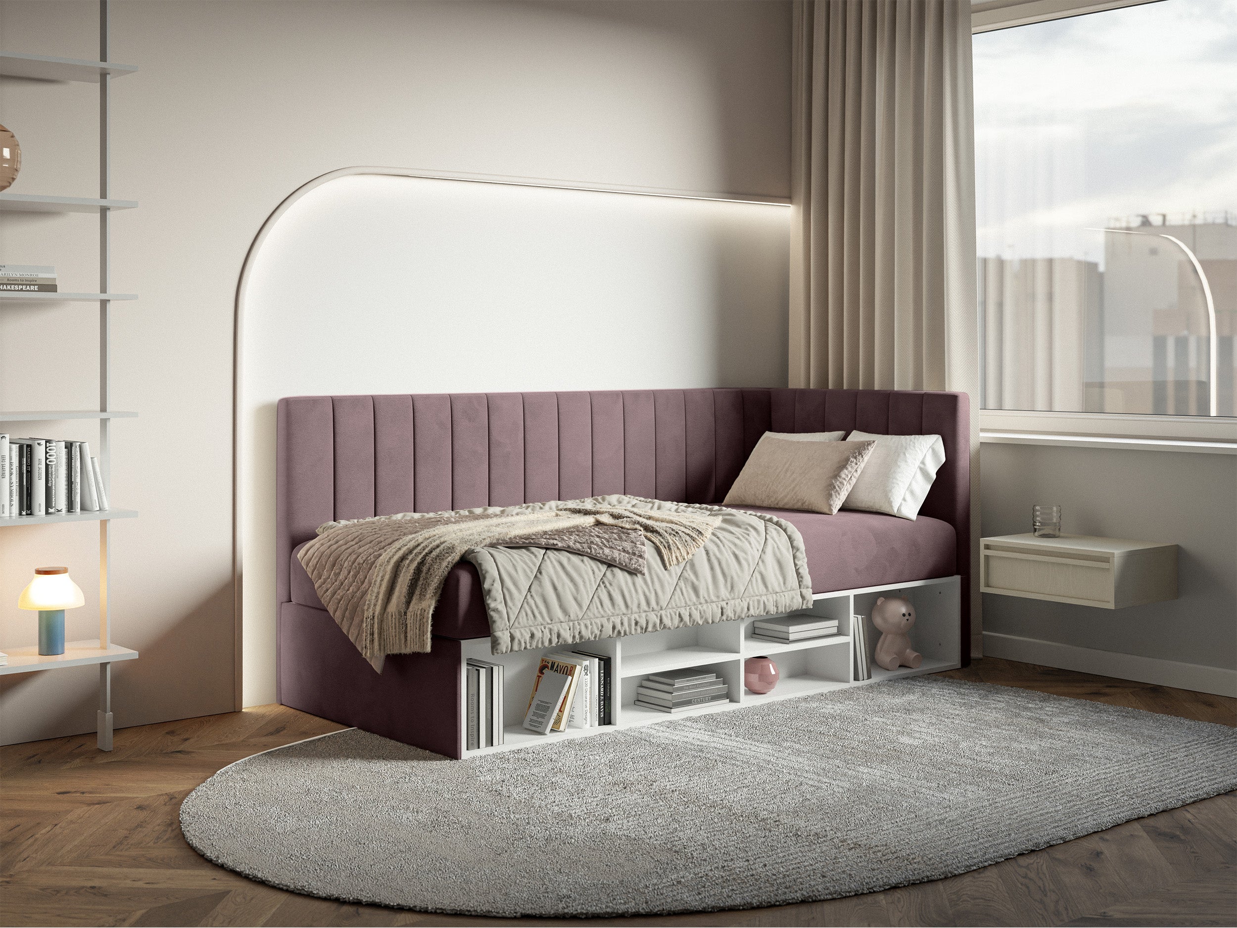 Jugendbett 90x200 cm Ventrio rechtsseitig mit Stauraum und Regalen, violetter Velours, hydrophob und leicht zu reinigen