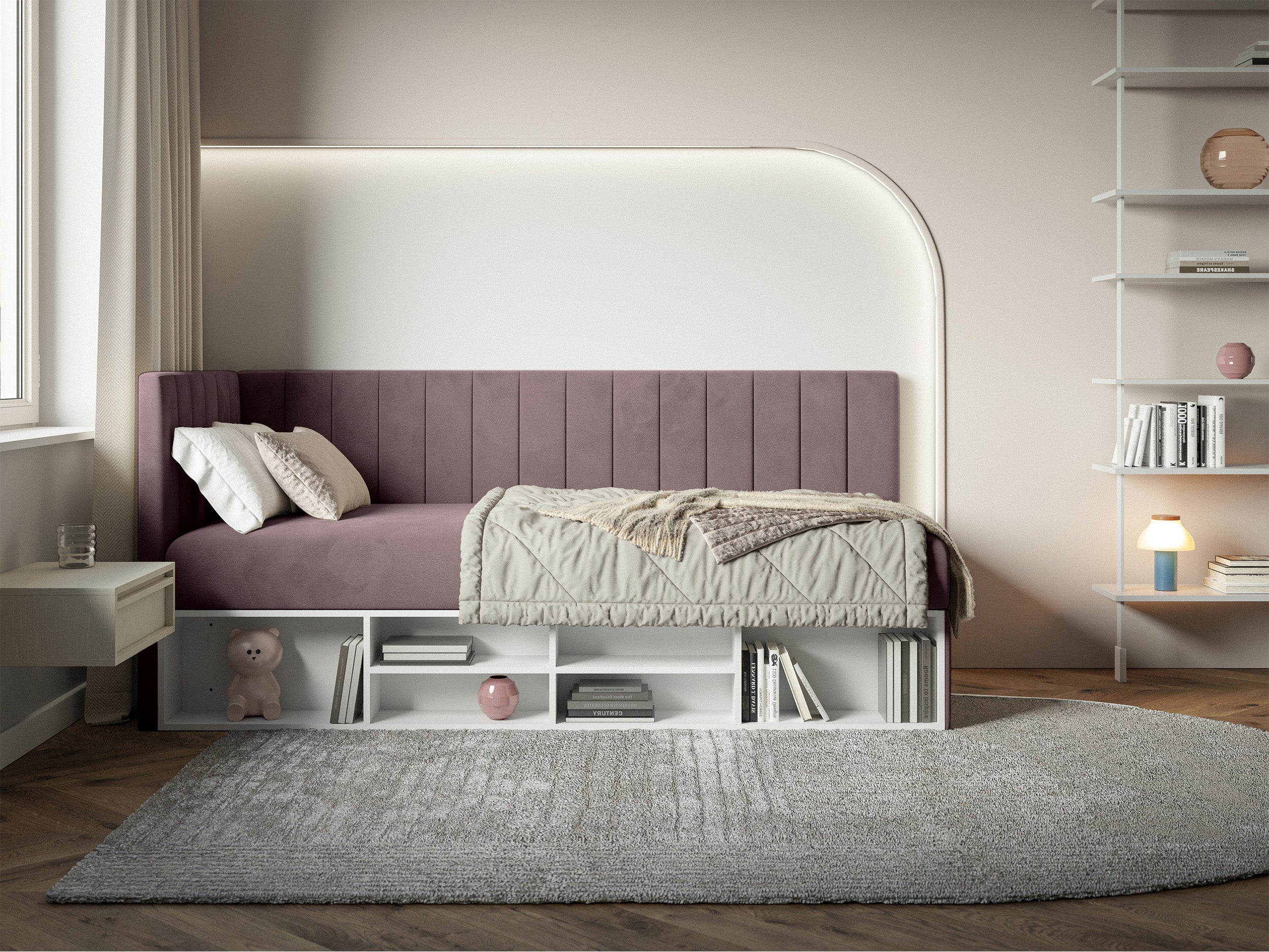 Jugendbett 90x200 cm Ventrio linksseitig mit Stauraum und Regalen, violetter Velours, wasserabweisend und leicht zu reinigen
