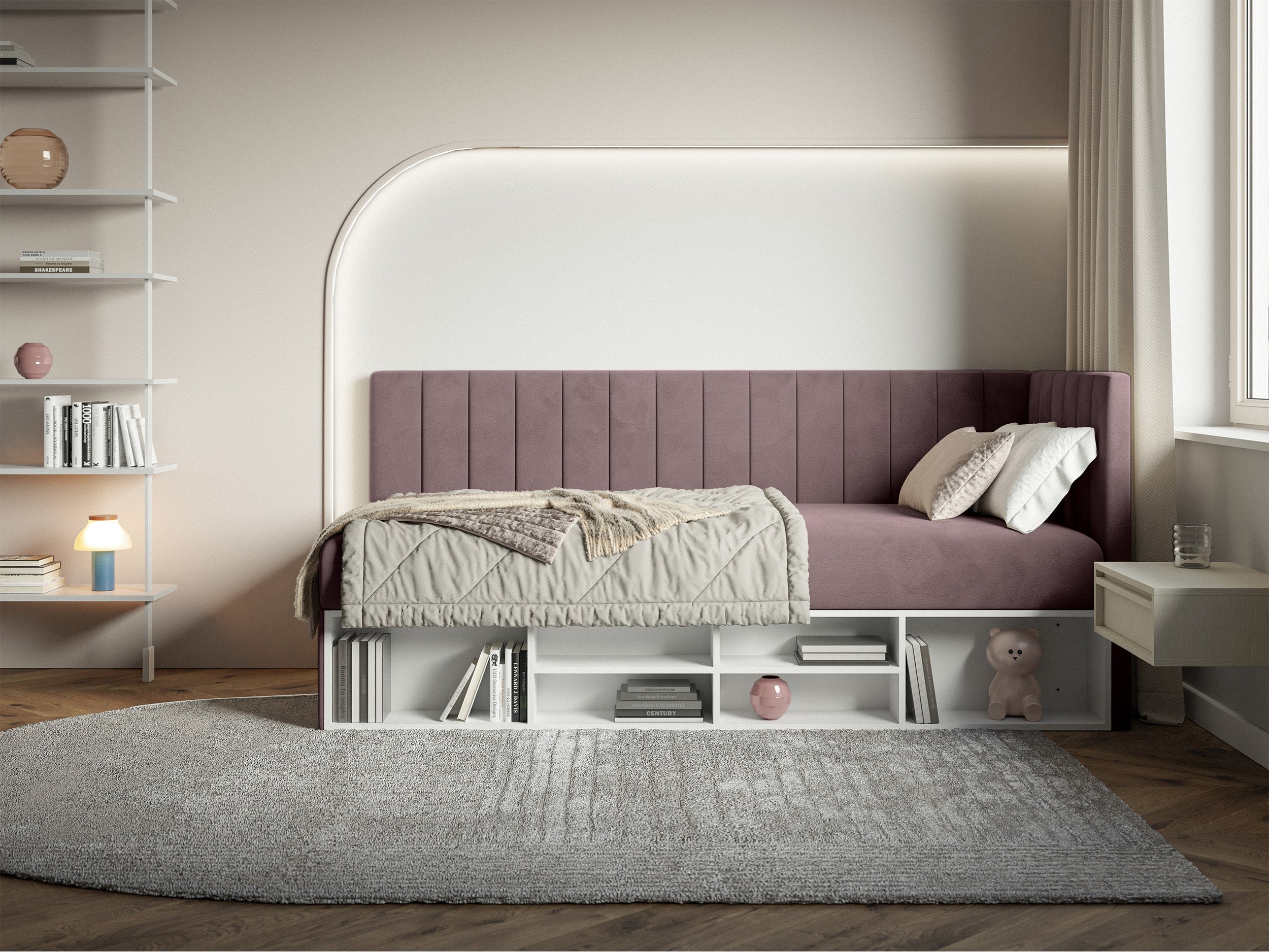 Jugendbett 90x200 cm Ventrio rechtsseitig mit Stauraum und Regalen, violetter Velours, hydrophob und leicht zu reinigen