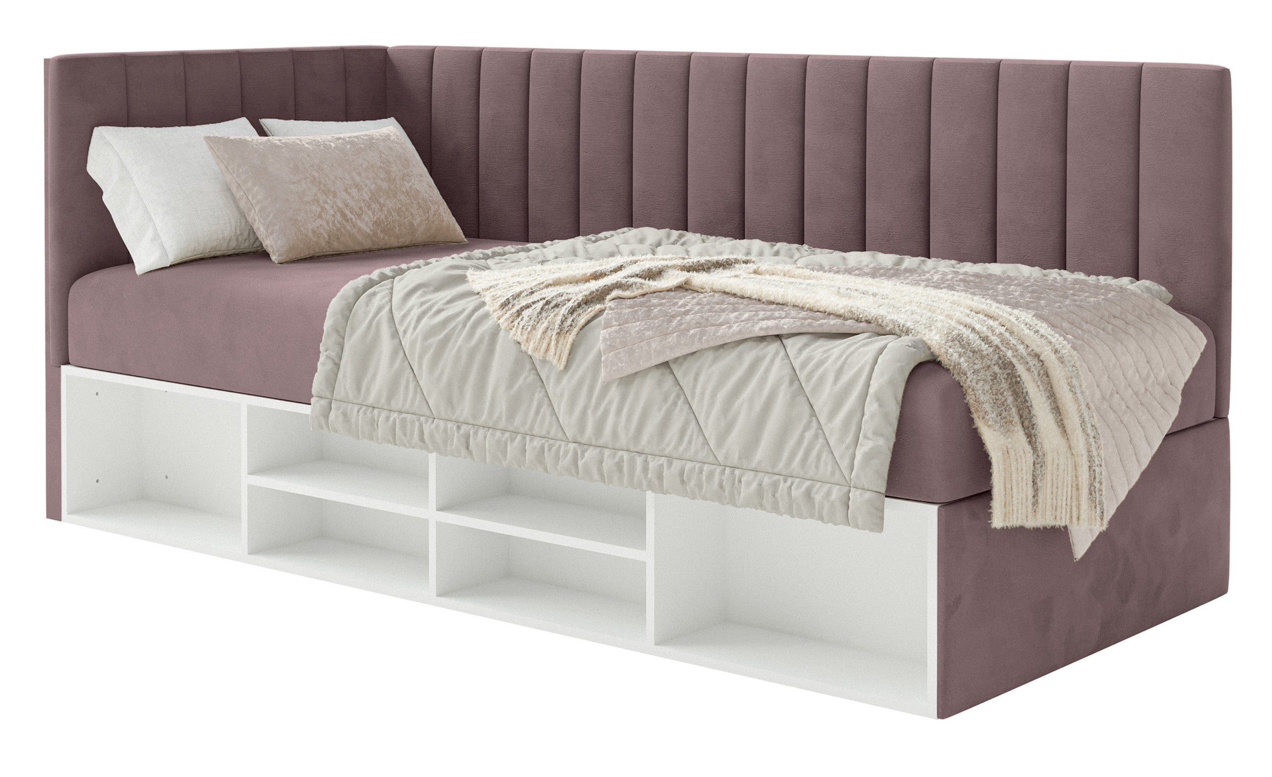 Jugendbett 90x200 cm Ventrio linksseitig mit Stauraum und Regalen, violetter Velours, wasserabweisend und leicht zu reinigen