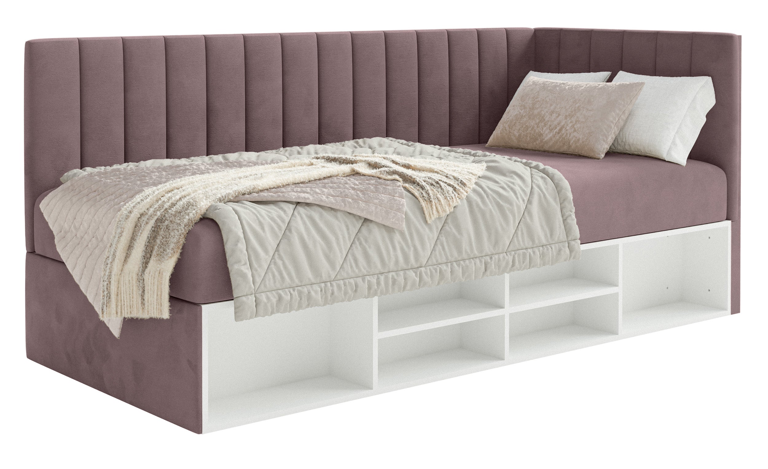 Jugendbett 90x200 cm Ventrio rechtsseitig mit Stauraum und Regalen, violetter Velours, hydrophob und leicht zu reinigen