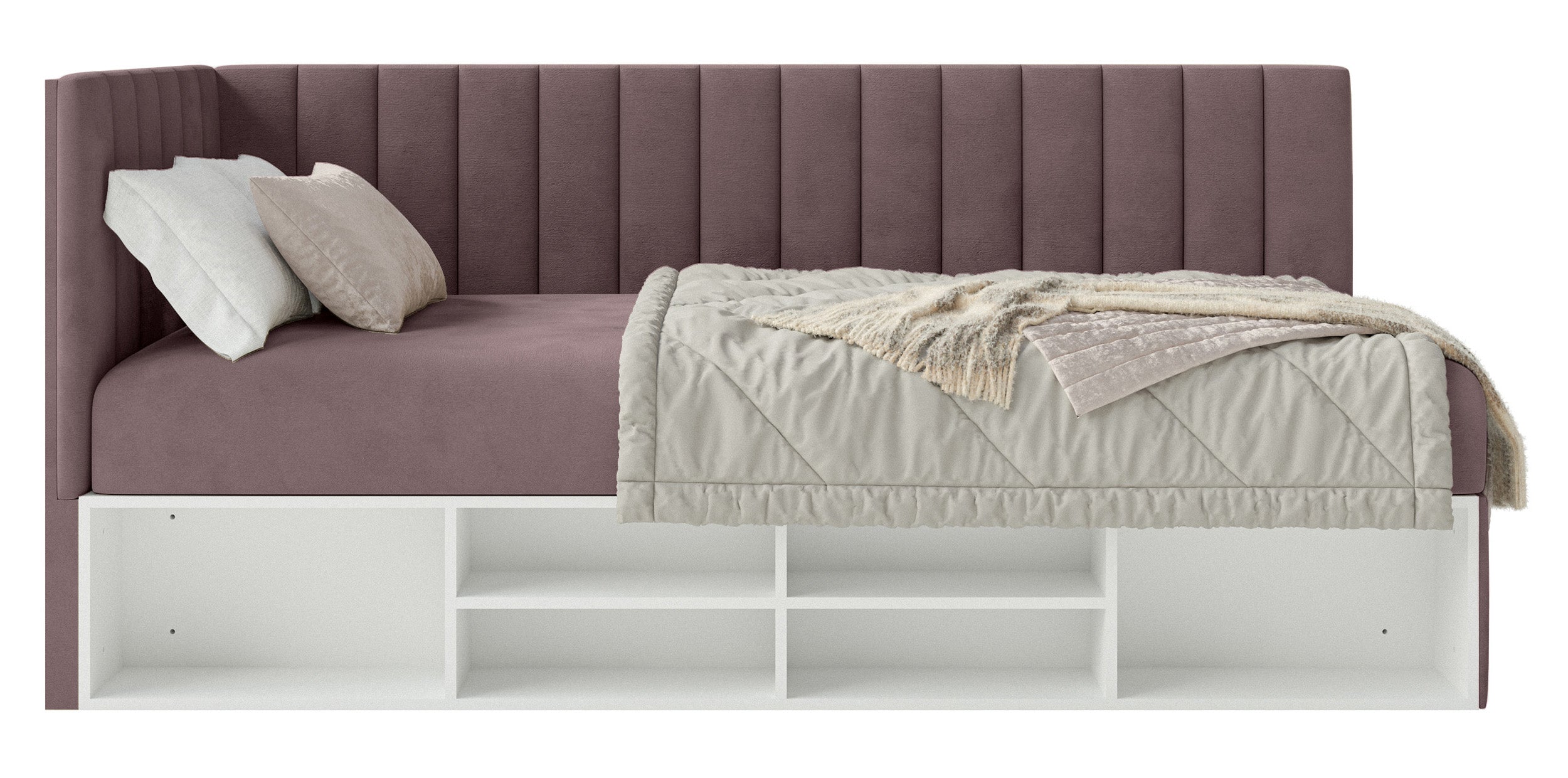 Jugendbett 90x200 cm Ventrio linksseitig mit Stauraum und Regalen, violetter Velours, wasserabweisend und leicht zu reinigen