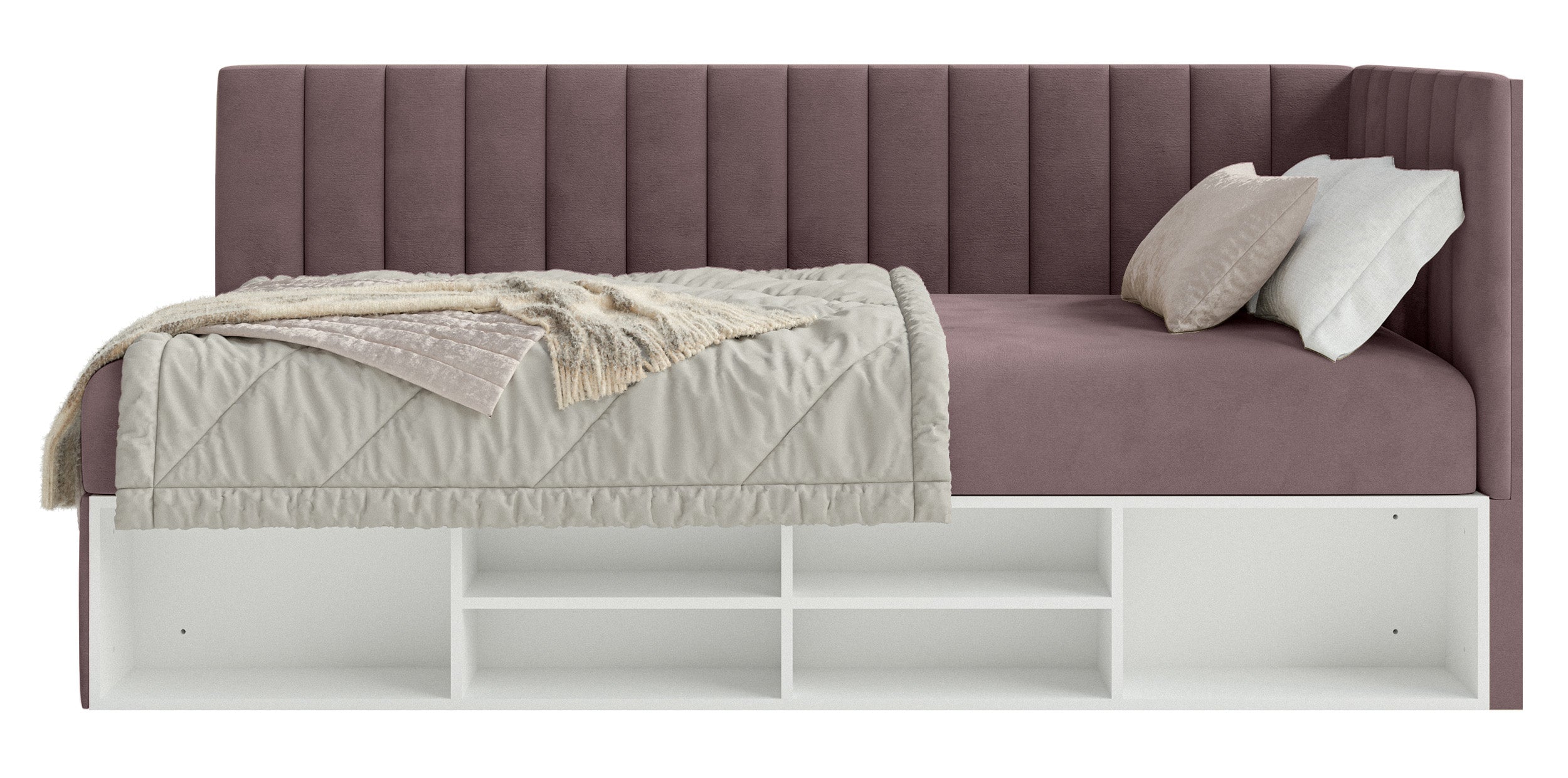 Jugendbett 90x200 cm Ventrio rechtsseitig mit Stauraum und Regalen, violetter Velours, hydrophob und leicht zu reinigen