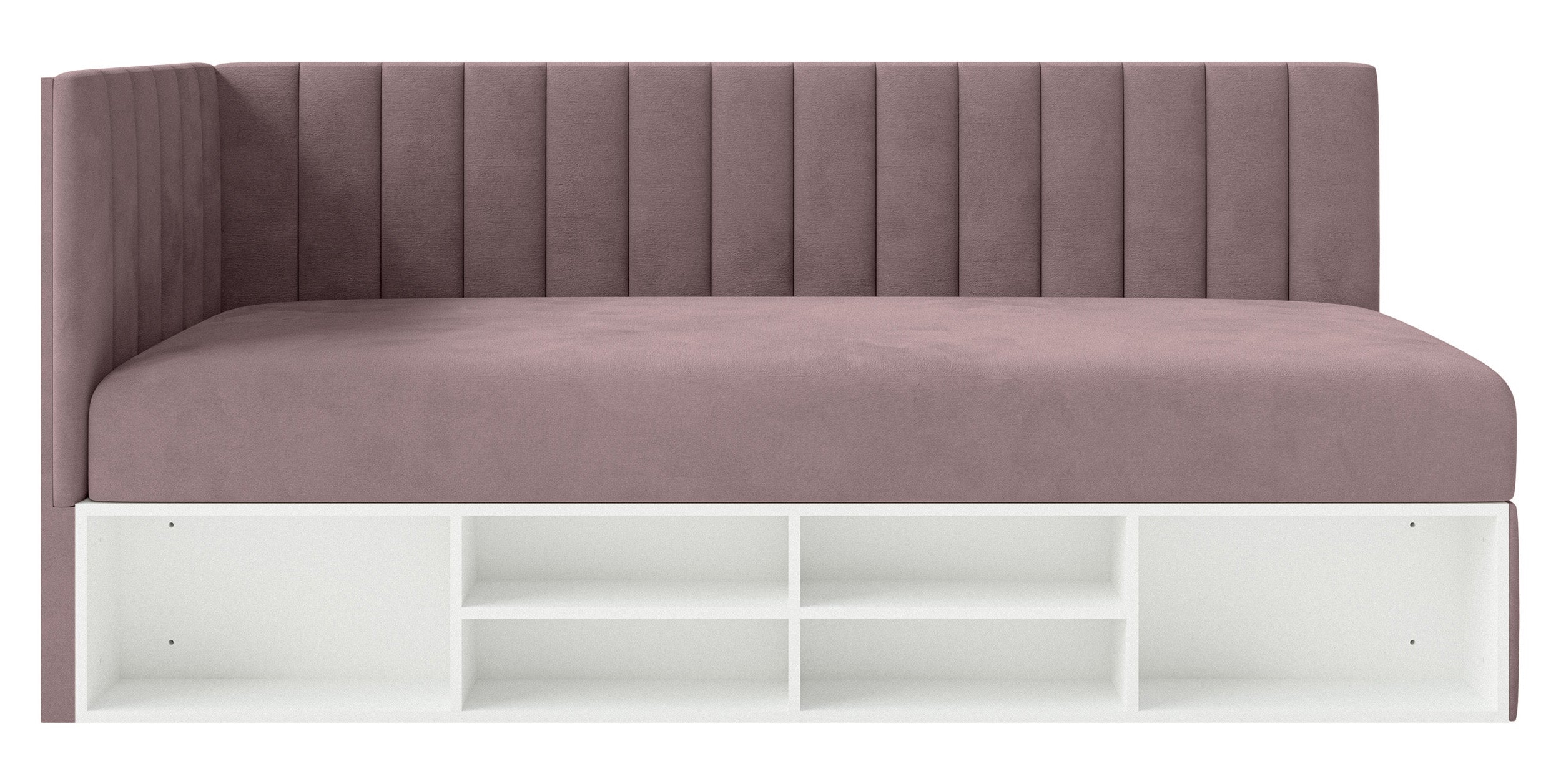 Jugendbett 90x200 cm Ventrio linksseitig mit Stauraum und Regalen, violetter Velours, wasserabweisend und leicht zu reinigen