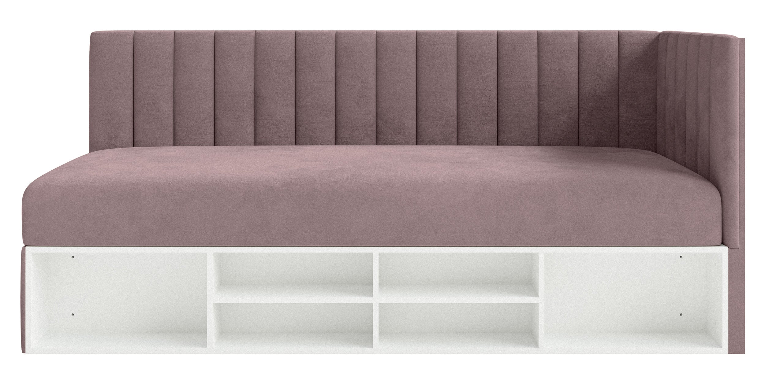 Jugendbett 90x200 cm Ventrio rechtsseitig mit Stauraum und Regalen, violetter Velours, hydrophob und leicht zu reinigen