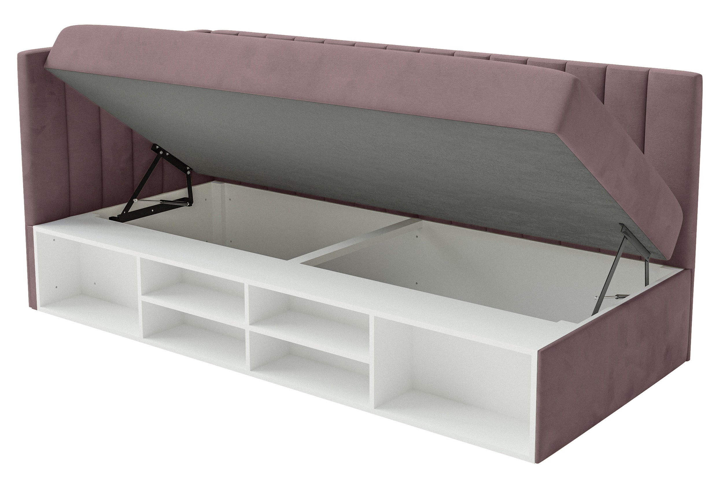 Jugendbett 90x200 cm Ventrio linksseitig mit Stauraum und Regalen, violetter Velours, wasserabweisend und leicht zu reinigen