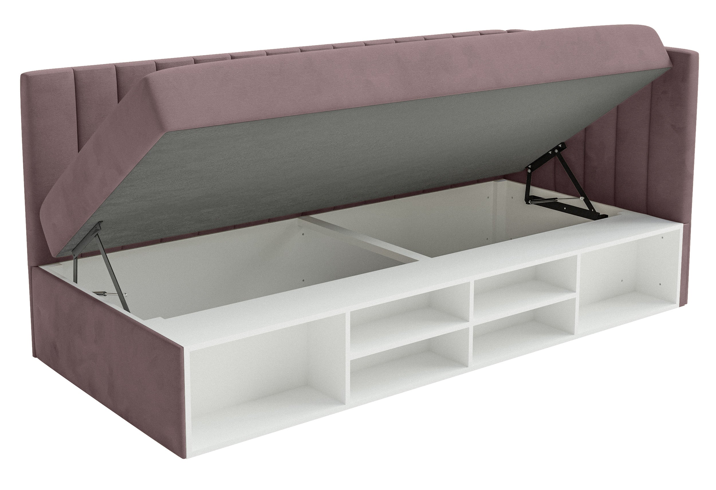 Jugendbett 90x200 cm Ventrio rechtsseitig mit Stauraum und Regalen, violetter Velours, hydrophob und leicht zu reinigen