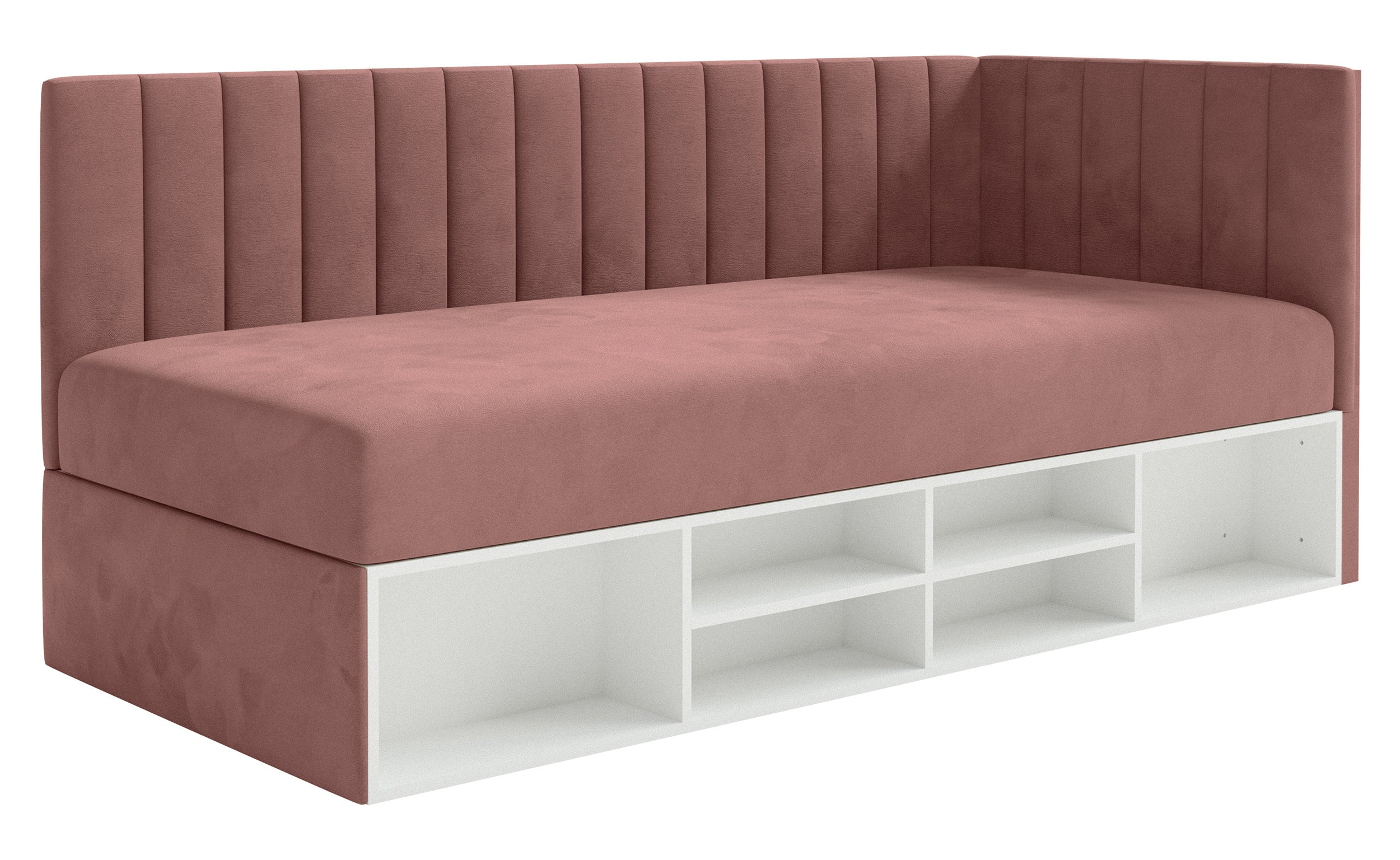 Jugendbett 90x200 cm Ventrio rechtsseitig mit Stauraum und Regalen, rosa Velours, wasserabweisend und pflegeleicht