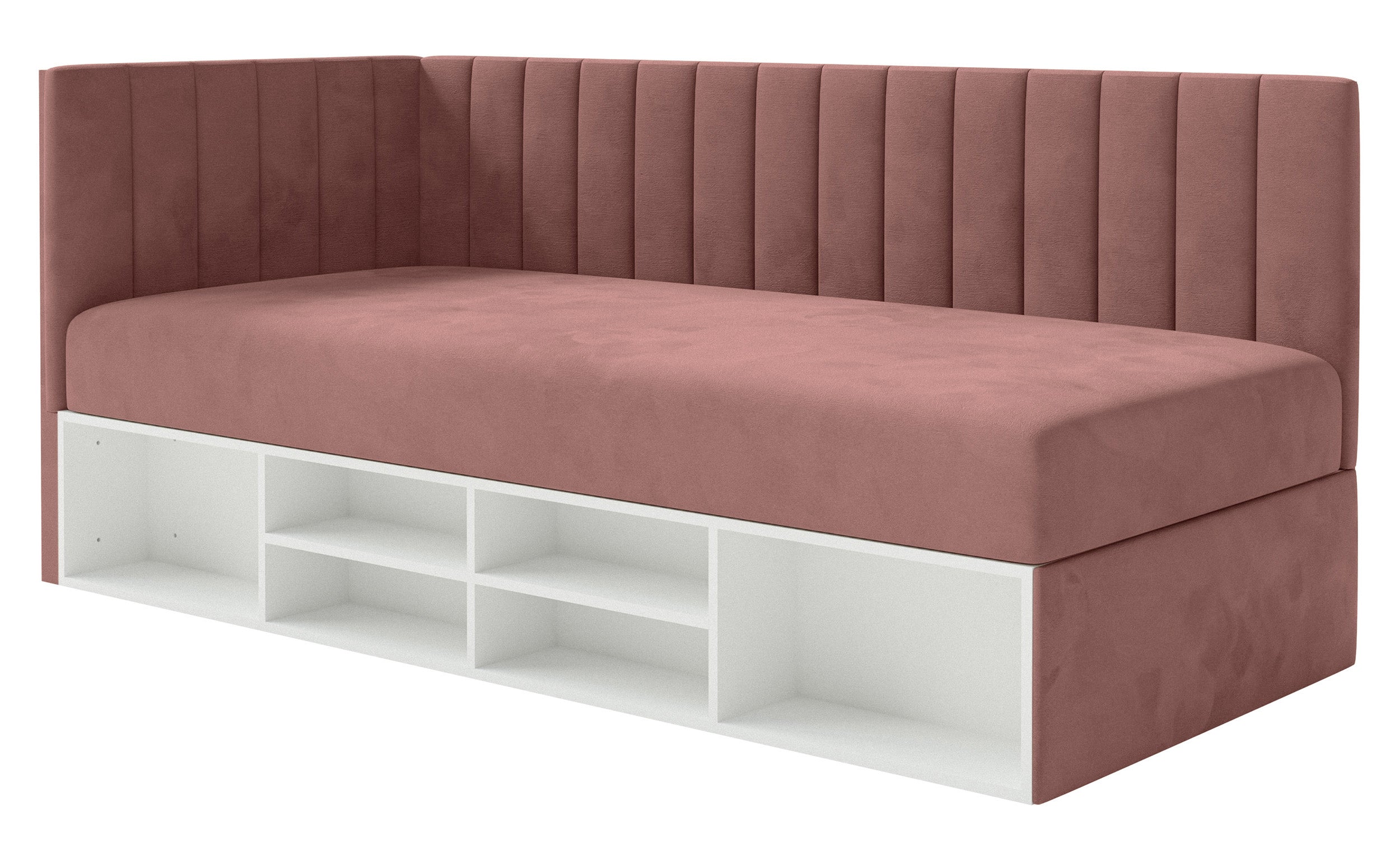 Jugendbett 90x200 cm Ventrio linksseitig mit Stauraum und Regalen, rosa Velours, wasserabweisend und pflegeleicht