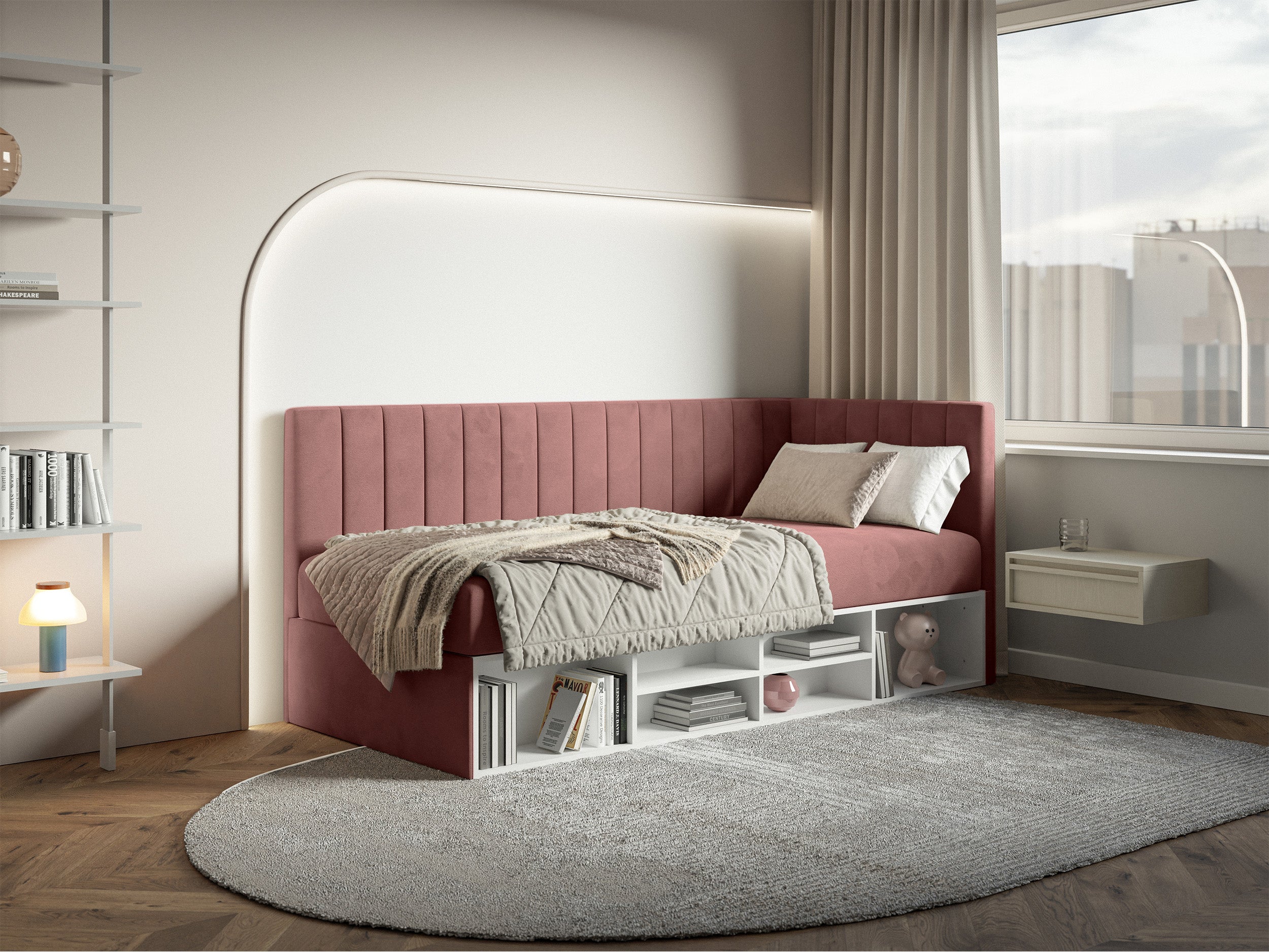 Jugendbett 90x200 cm Ventrio rechtsseitig mit Stauraum und Regalen, rosa Velours, wasserabweisend und pflegeleicht