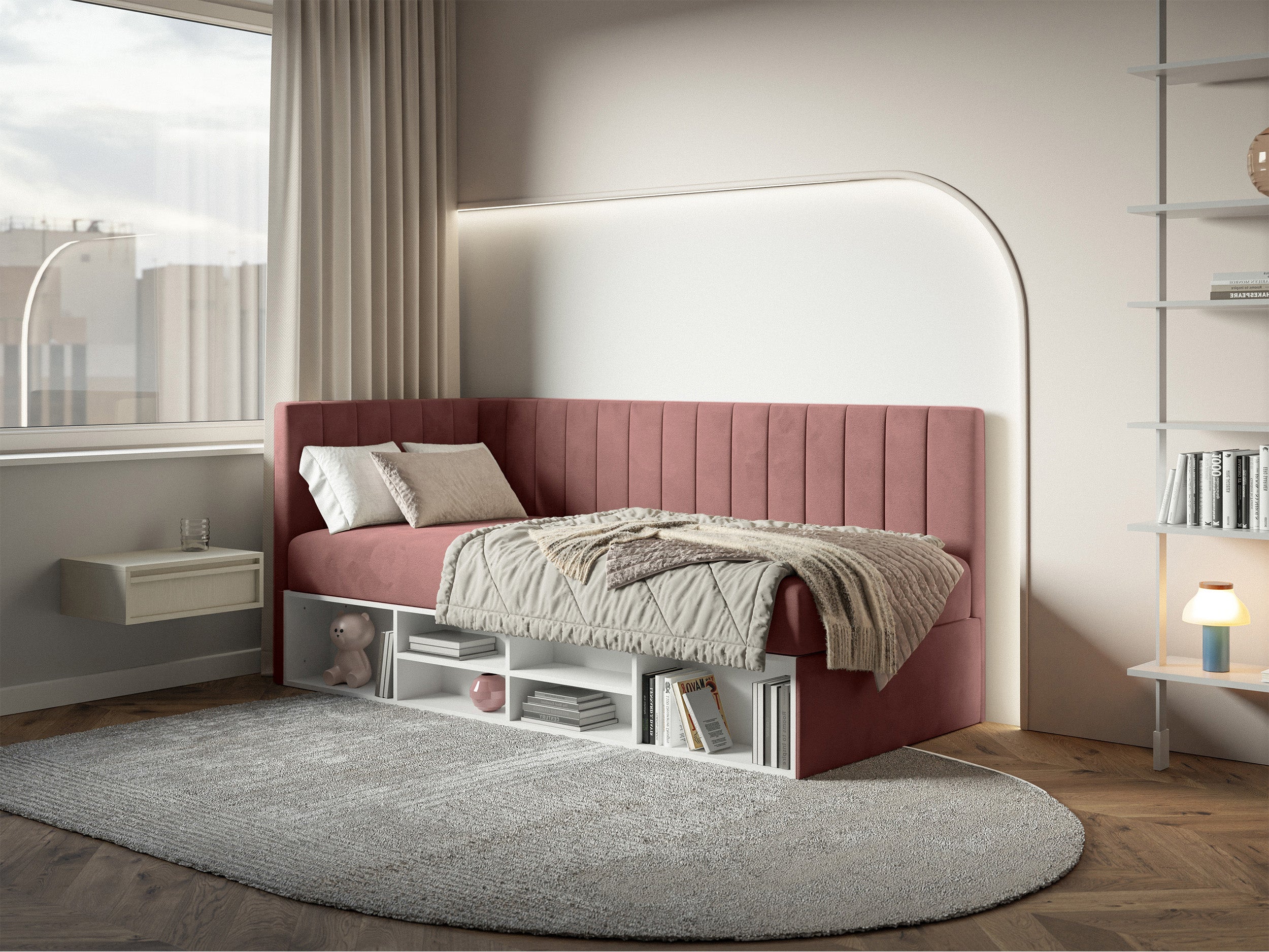 Jugendbett 90x200 cm Ventrio linksseitig mit Stauraum und Regalen, rosa Velours, wasserabweisend und pflegeleicht