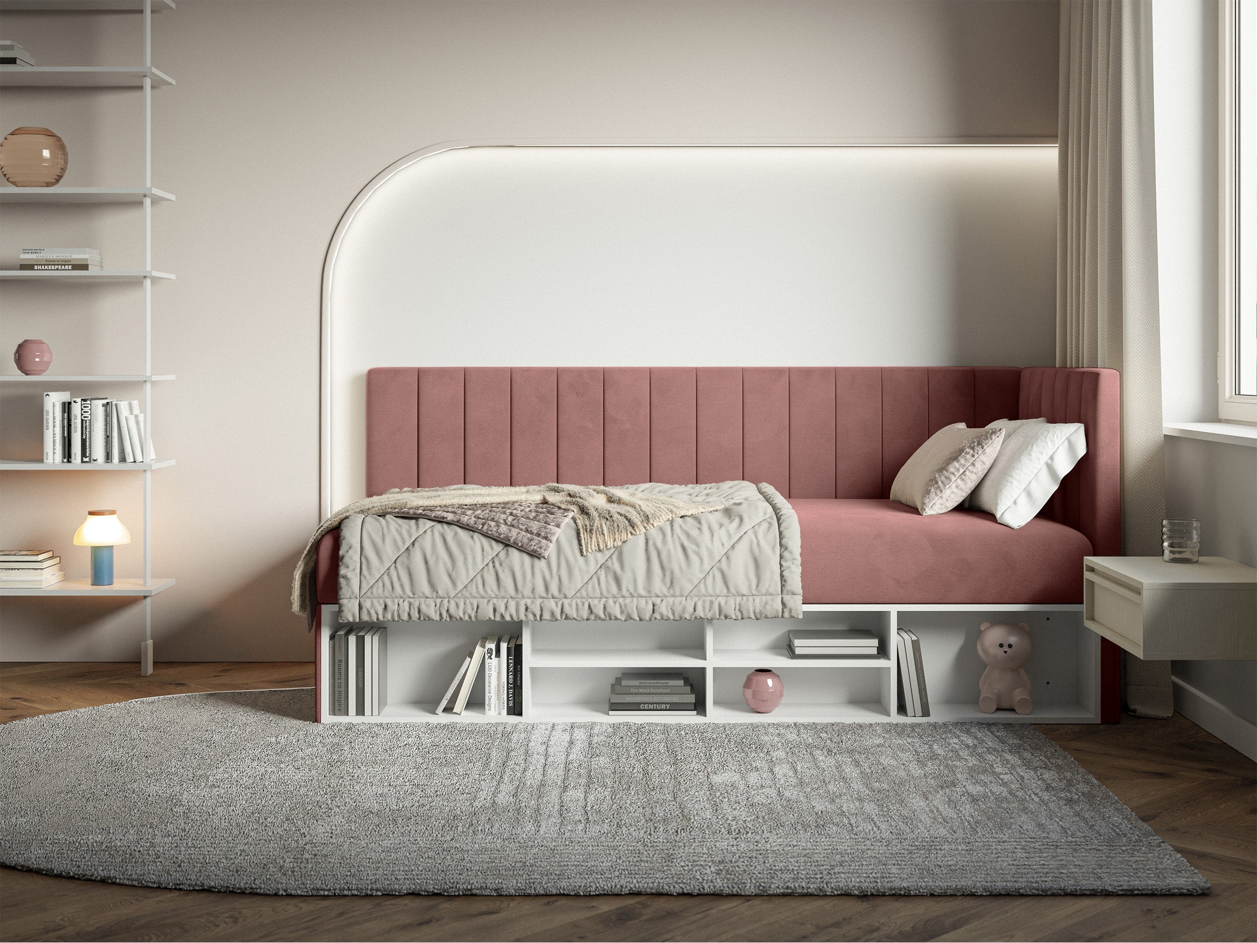 Jugendbett 90x200 cm Ventrio rechtsseitig mit Stauraum und Regalen, rosa Velours, wasserabweisend und pflegeleicht