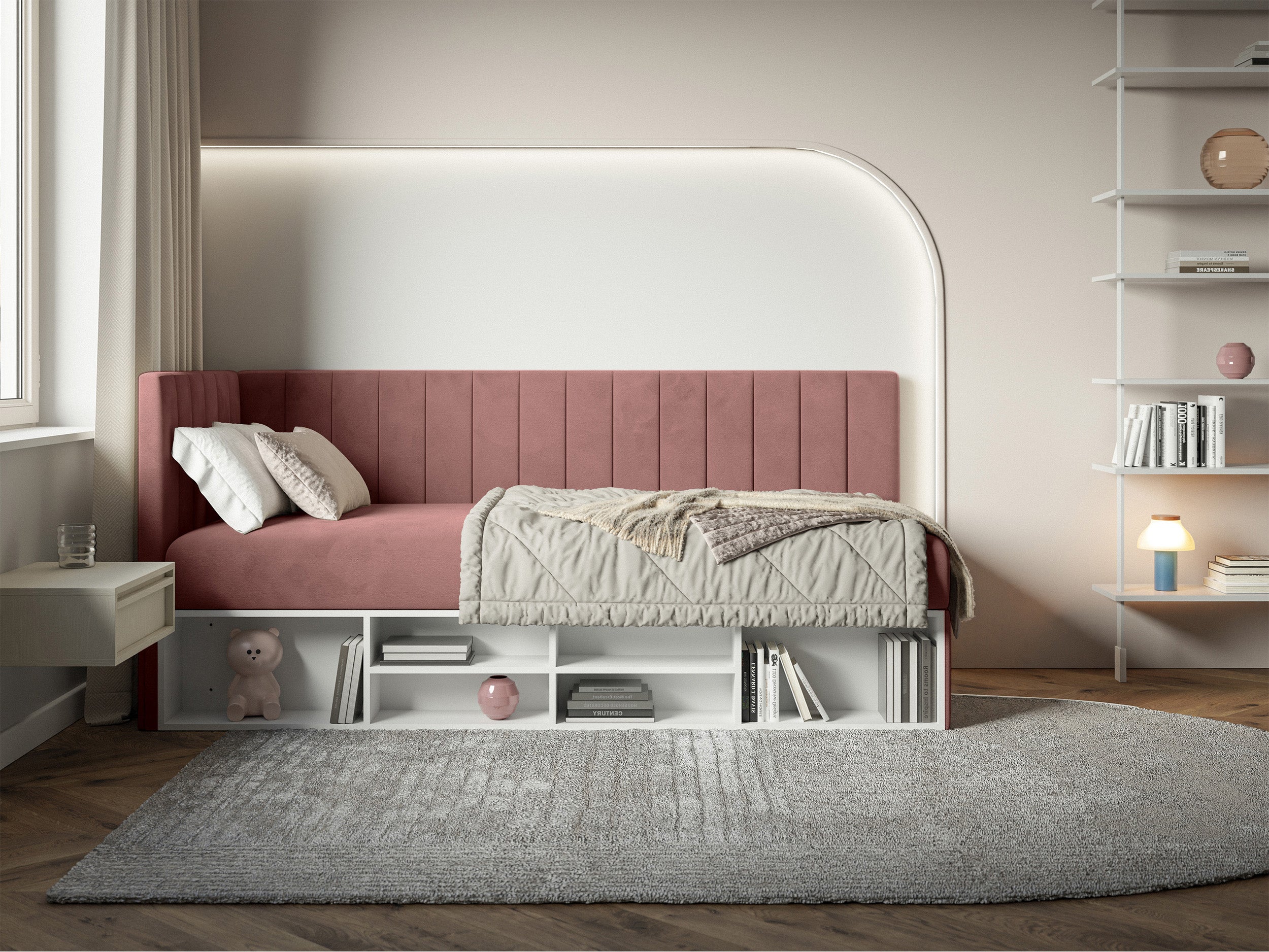 Jugendbett 90x200 cm Ventrio linksseitig mit Stauraum und Regalen, rosa Velours, wasserabweisend und pflegeleicht