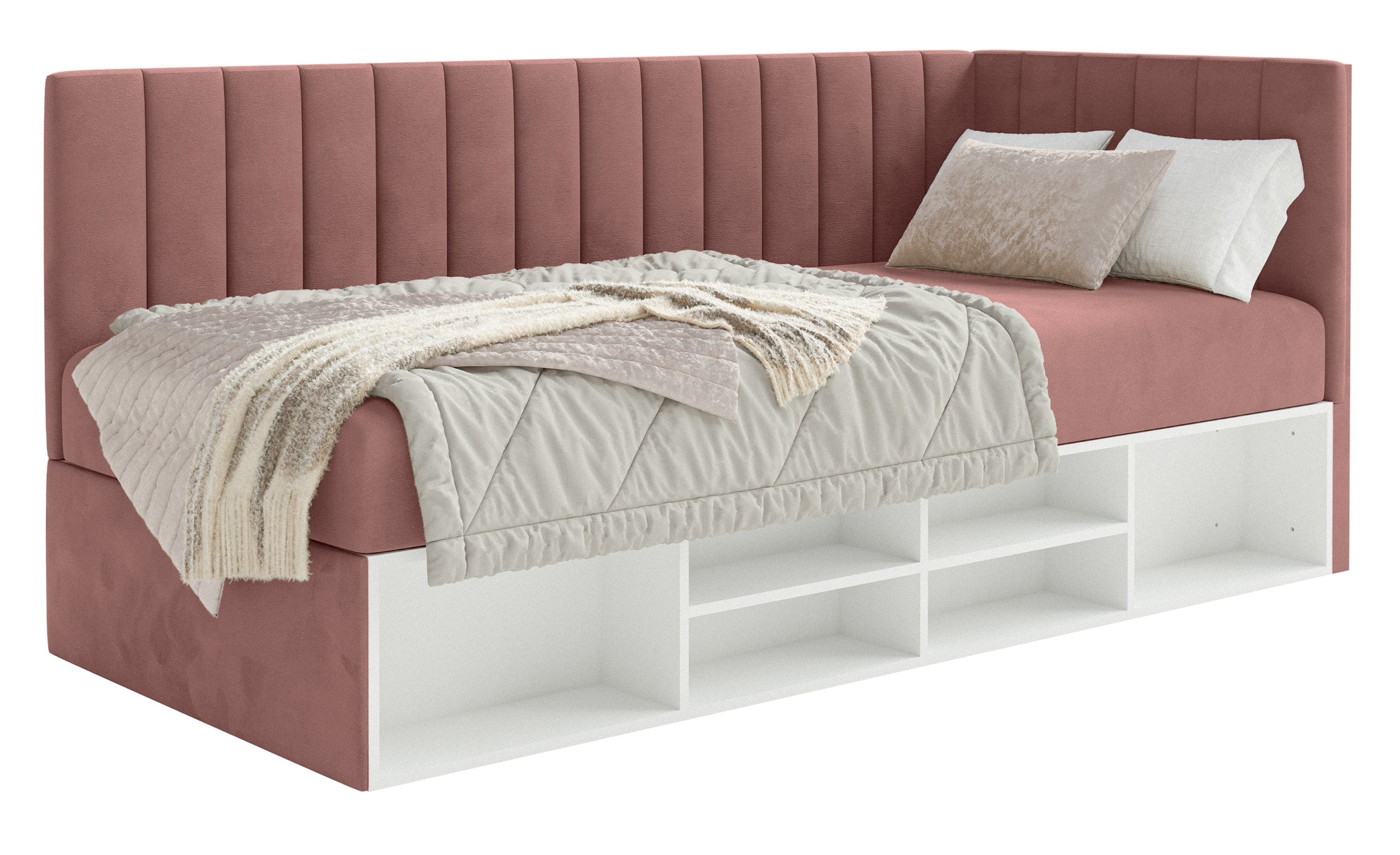 Jugendbett 90x200 cm Ventrio rechtsseitig mit Stauraum und Regalen, rosa Velours, wasserabweisend und pflegeleicht