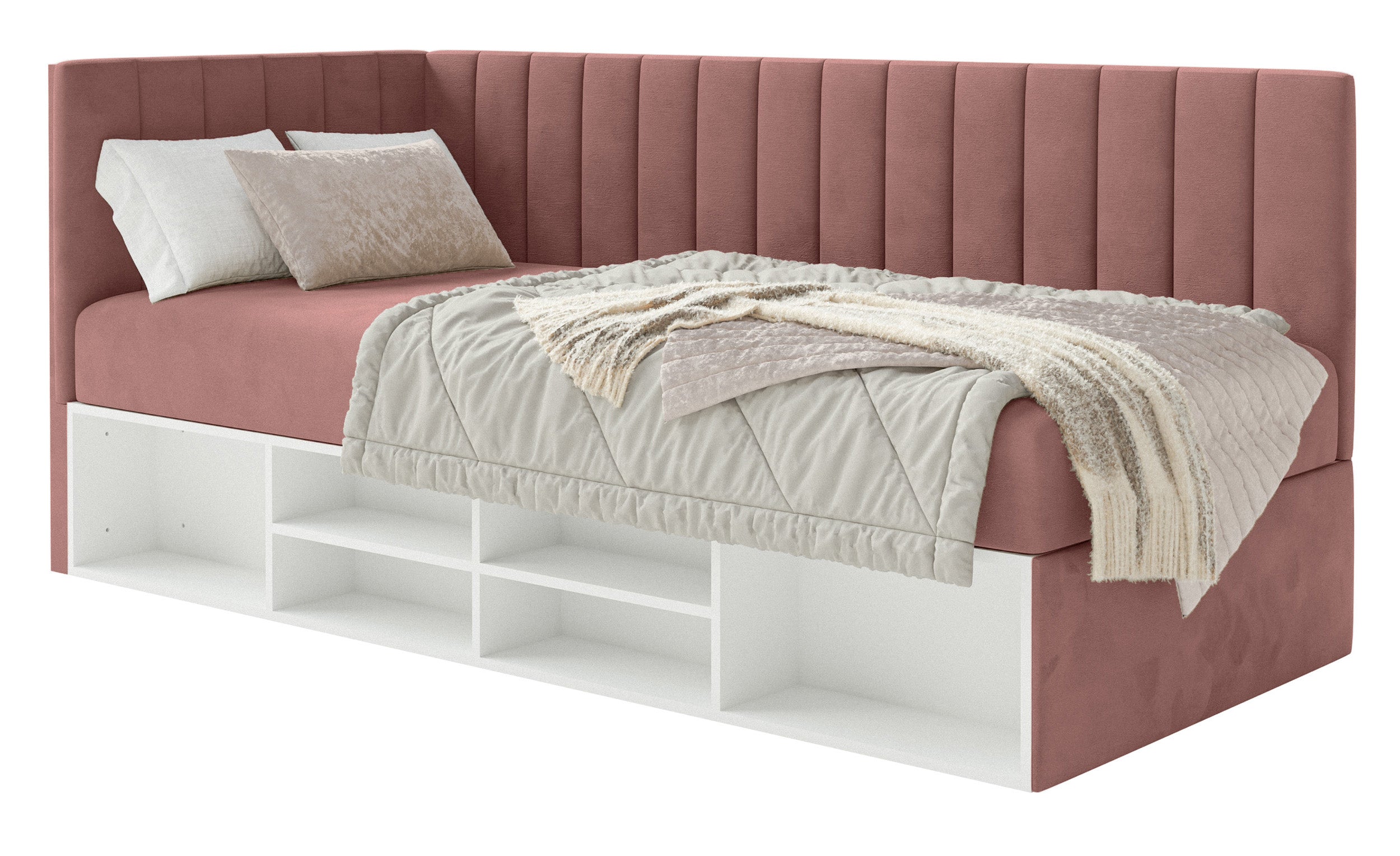 Jugendbett 90x200 cm Ventrio linksseitig mit Stauraum und Regalen, rosa Velours, wasserabweisend und pflegeleicht