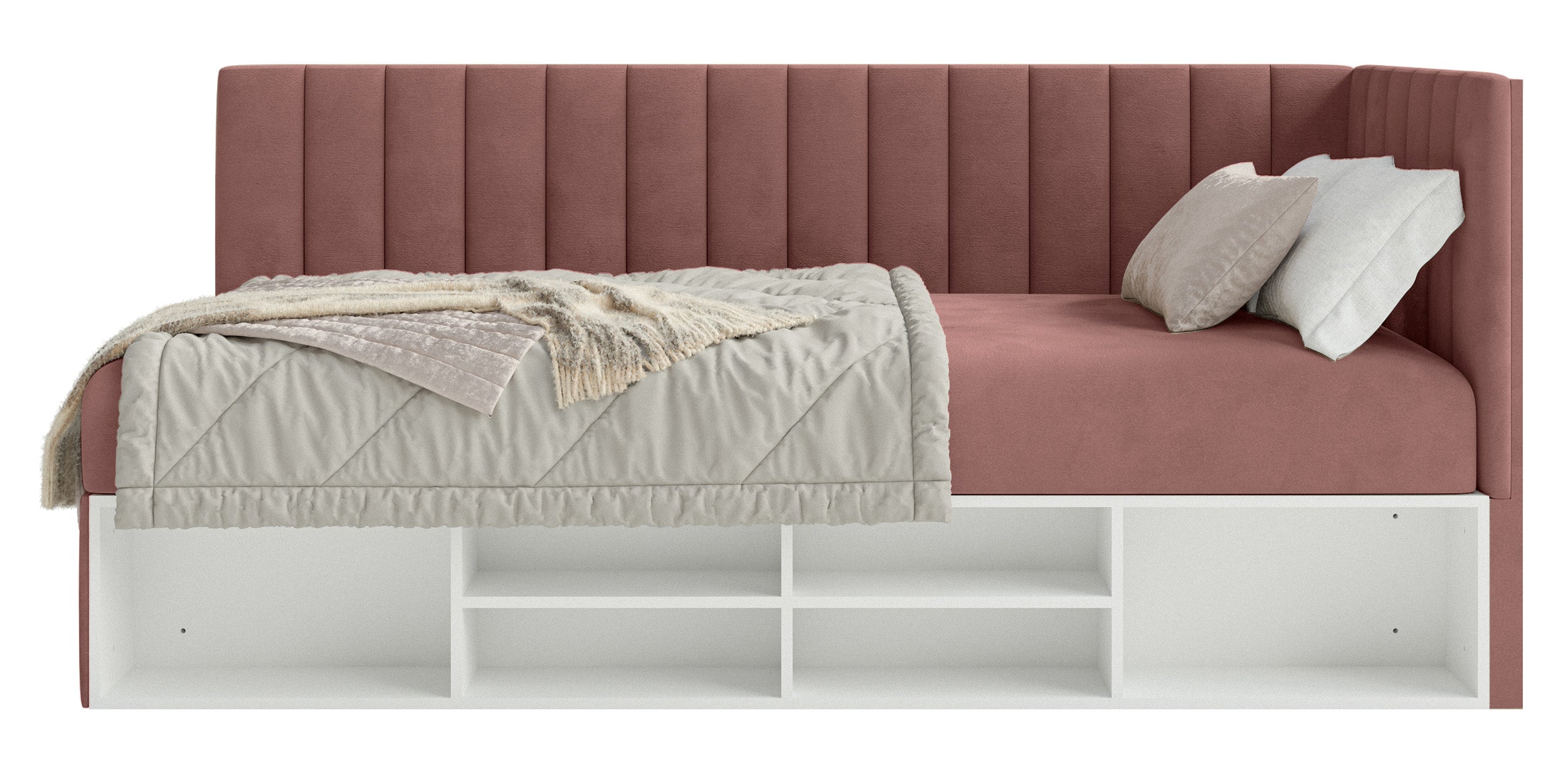 Jugendbett 90x200 cm Ventrio rechtsseitig mit Stauraum und Regalen, rosa Velours, wasserabweisend und pflegeleicht