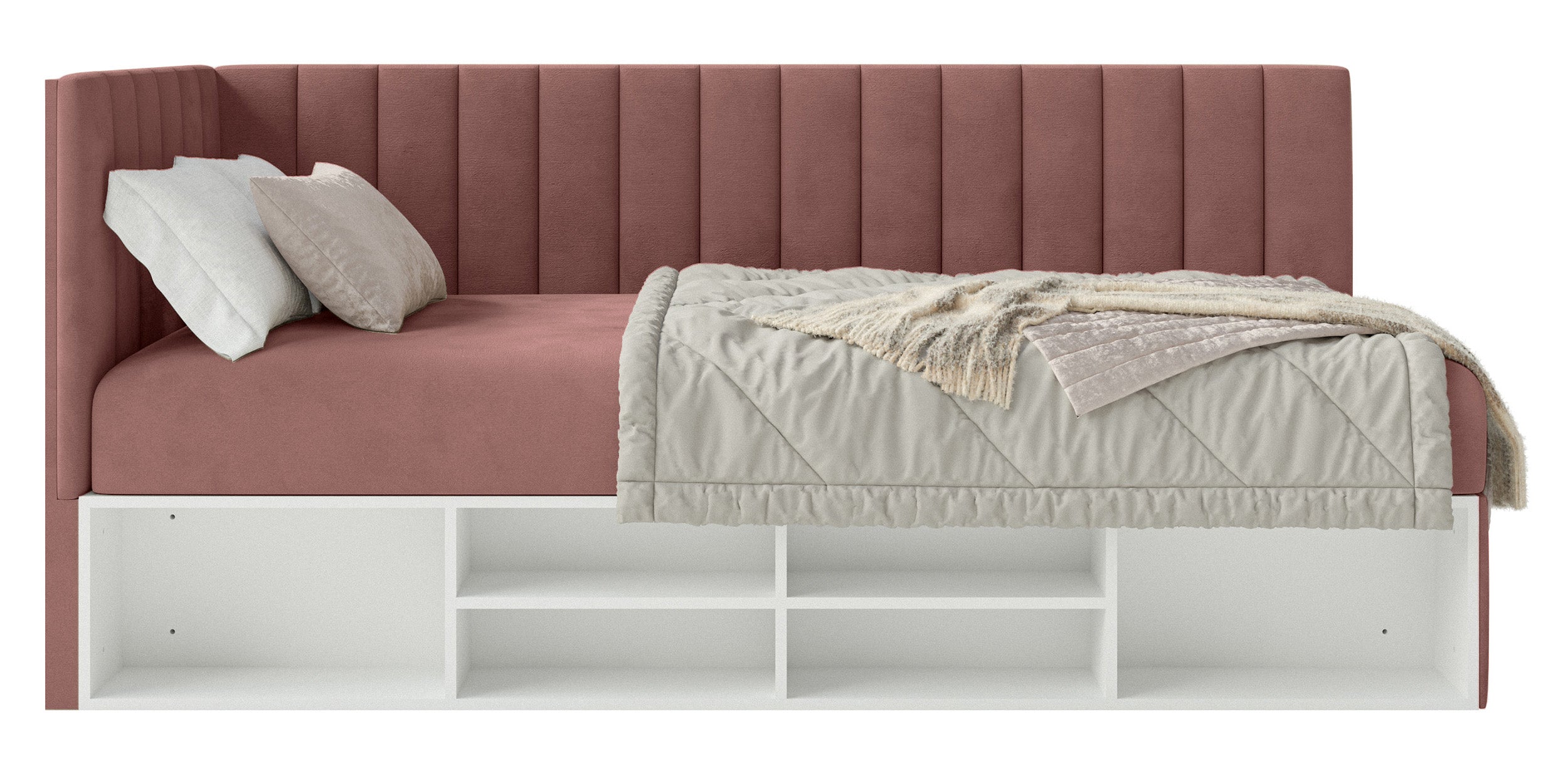 Jugendbett 90x200 cm Ventrio linksseitig mit Stauraum und Regalen, rosa Velours, wasserabweisend und pflegeleicht