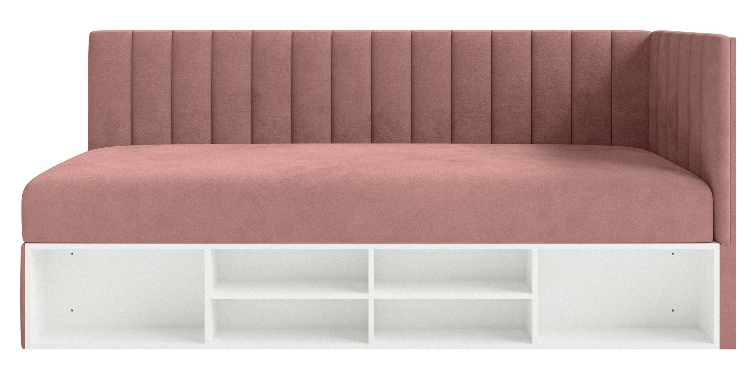 Jugendbett 90x200 cm Ventrio rechtsseitig mit Stauraum und Regalen, rosa Velours, wasserabweisend und pflegeleicht
