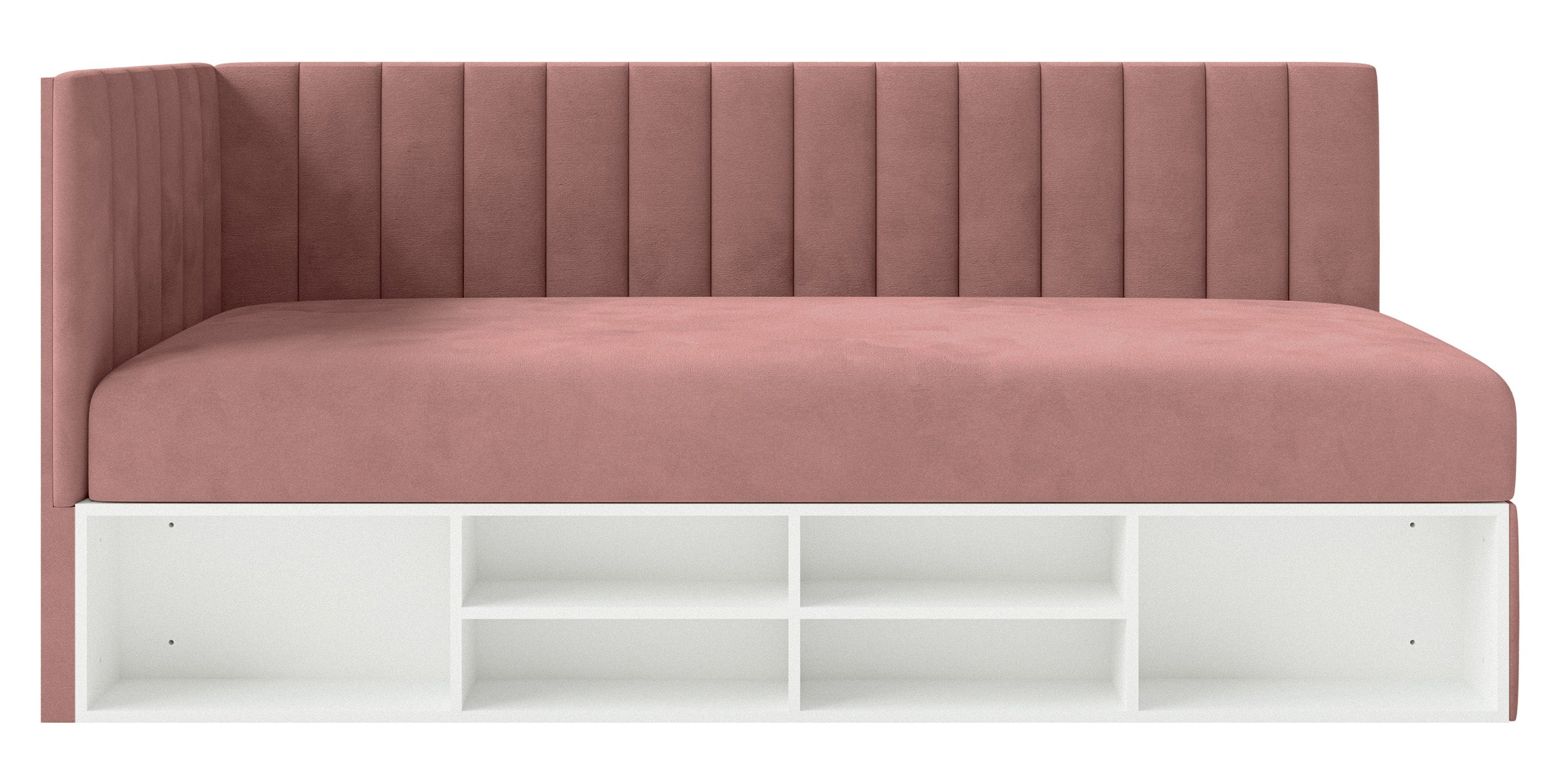 Jugendbett 90x200 cm Ventrio linksseitig mit Stauraum und Regalen, rosa Velours, wasserabweisend und pflegeleicht
