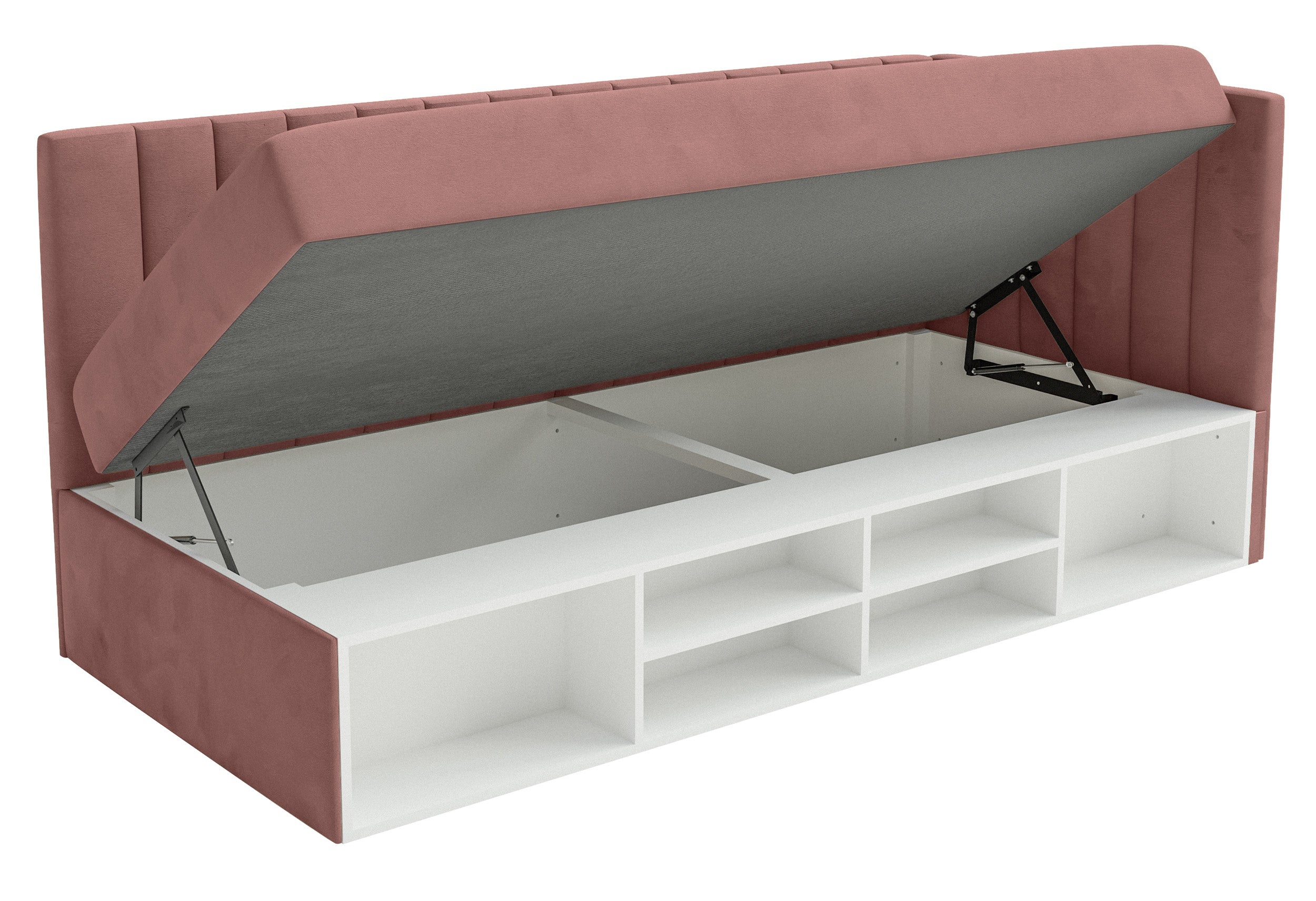 Jugendbett 90x200 cm Ventrio rechtsseitig mit Stauraum und Regalen, rosa Velours, wasserabweisend und pflegeleicht