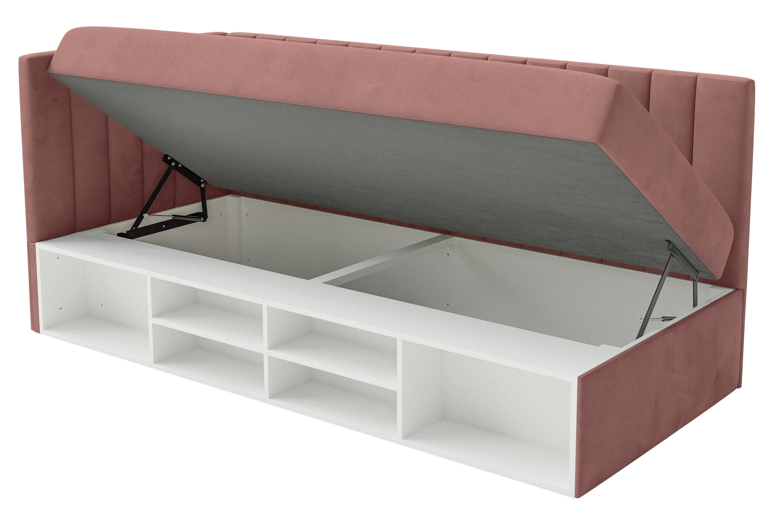 Jugendbett 90x200 cm Ventrio linksseitig mit Stauraum und Regalen, rosa Velours, wasserabweisend und pflegeleicht