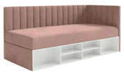 Jugendbett 90x200 cm Ventrio rechtsseitig mit Stauraum und Regalen, hellrosa Velours, wasserabweisend und leicht zu reinigen