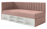 Jugendbett 90x200 cm Ventrio linksseitig mit Stauraum und Regalen, hellrosa Velours, wasserabweisend und leicht zu reinigen