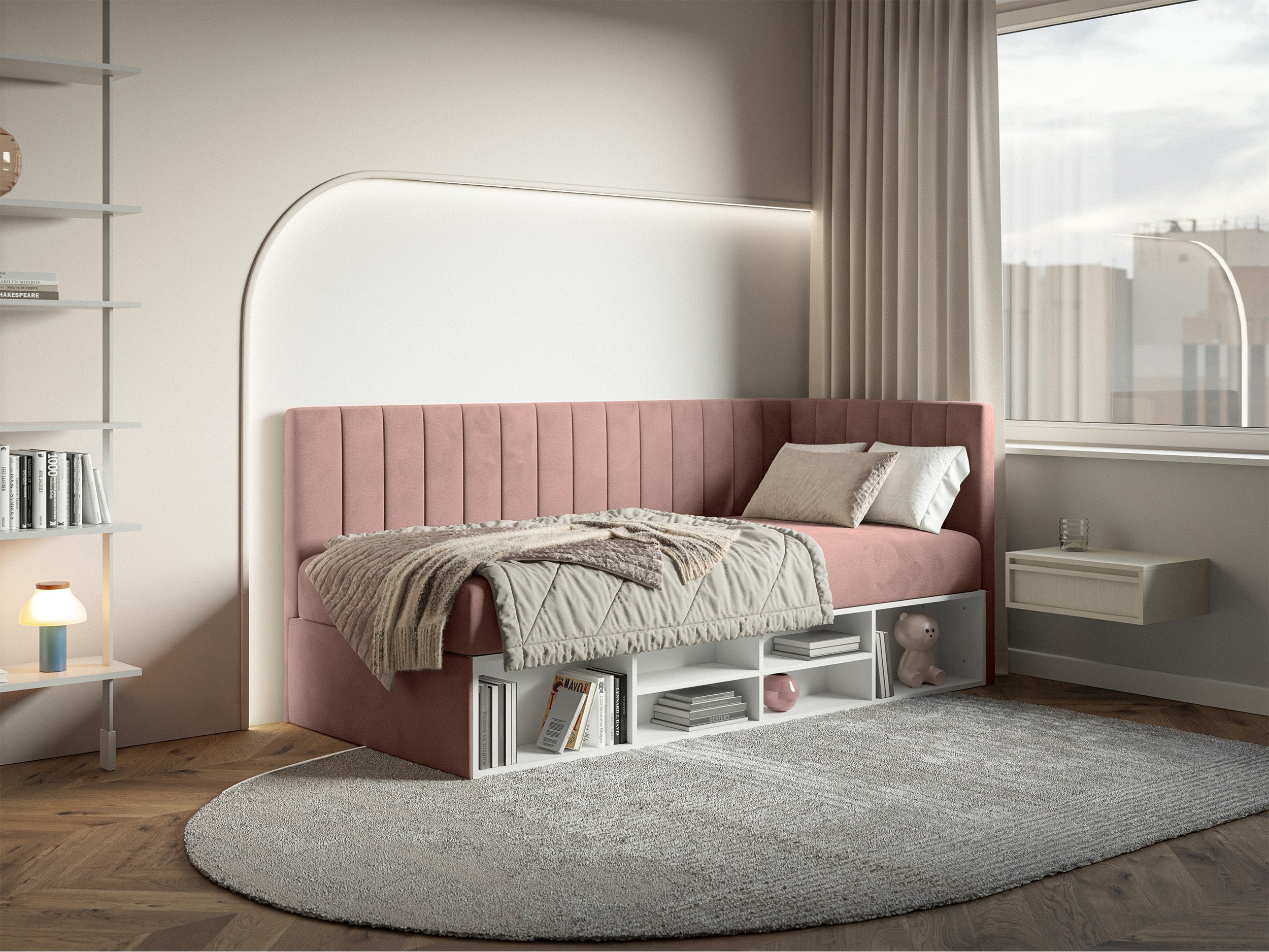 Jugendbett 90x200 cm Ventrio rechtsseitig mit Stauraum und Regalen, hellrosa Velours, wasserabweisend und leicht zu reinigen