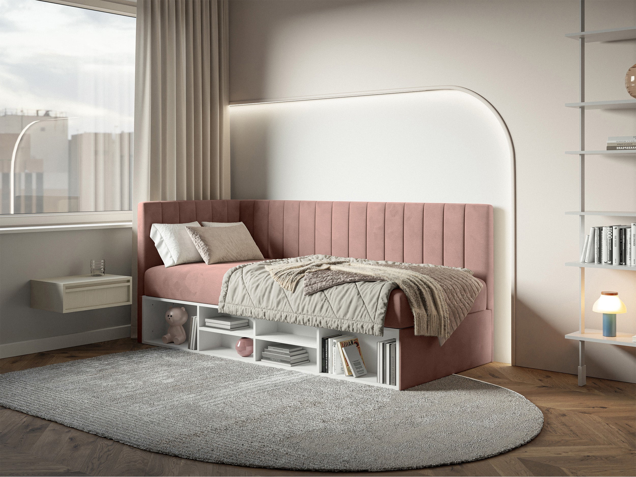 Jugendbett 90x200 cm Ventrio linksseitig mit Stauraum und Regalen, hellrosa Velours, wasserabweisend und leicht zu reinigen