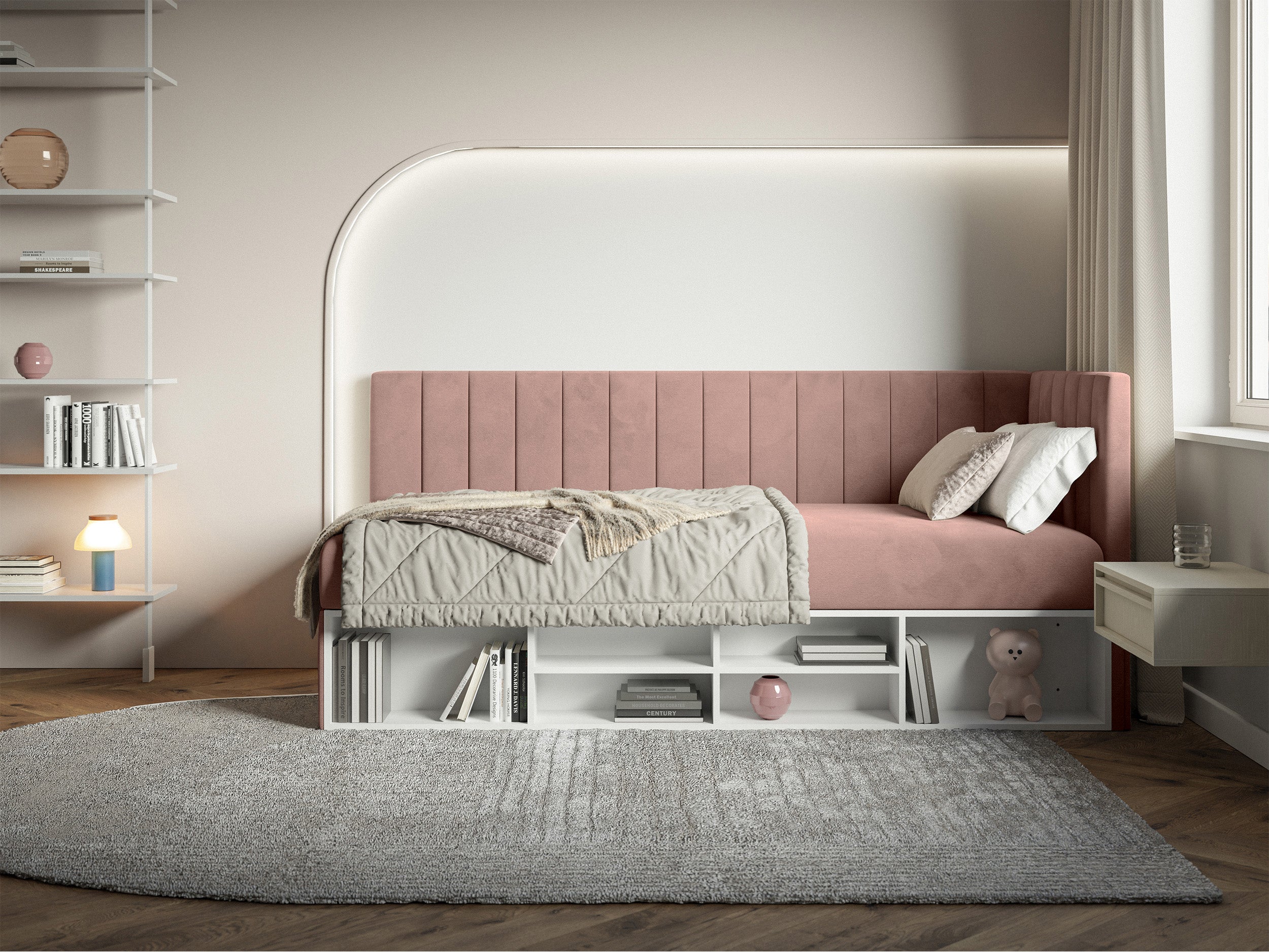 Jugendbett 90x200 cm Ventrio rechtsseitig mit Stauraum und Regalen, hellrosa Velours, wasserabweisend und leicht zu reinigen
