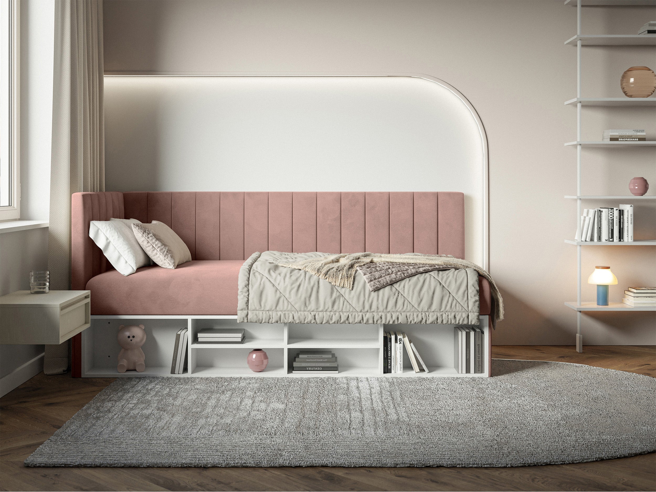 Jugendbett 90x200 cm Ventrio linksseitig mit Stauraum und Regalen, hellrosa Velours, wasserabweisend und leicht zu reinigen