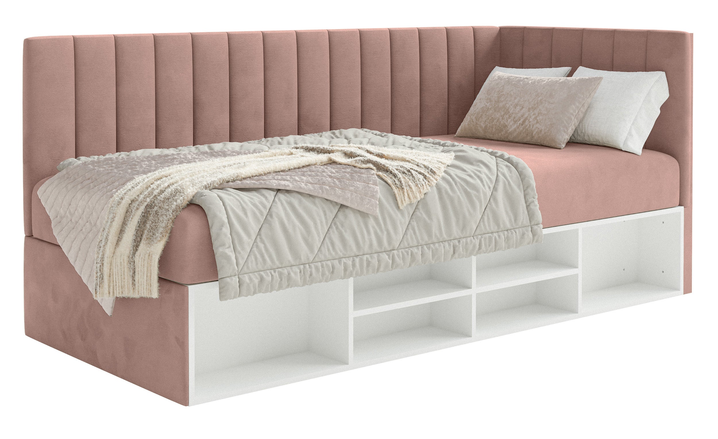 Jugendbett 90x200 cm Ventrio rechtsseitig mit Stauraum und Regalen, hellrosa Velours, wasserabweisend und leicht zu reinigen