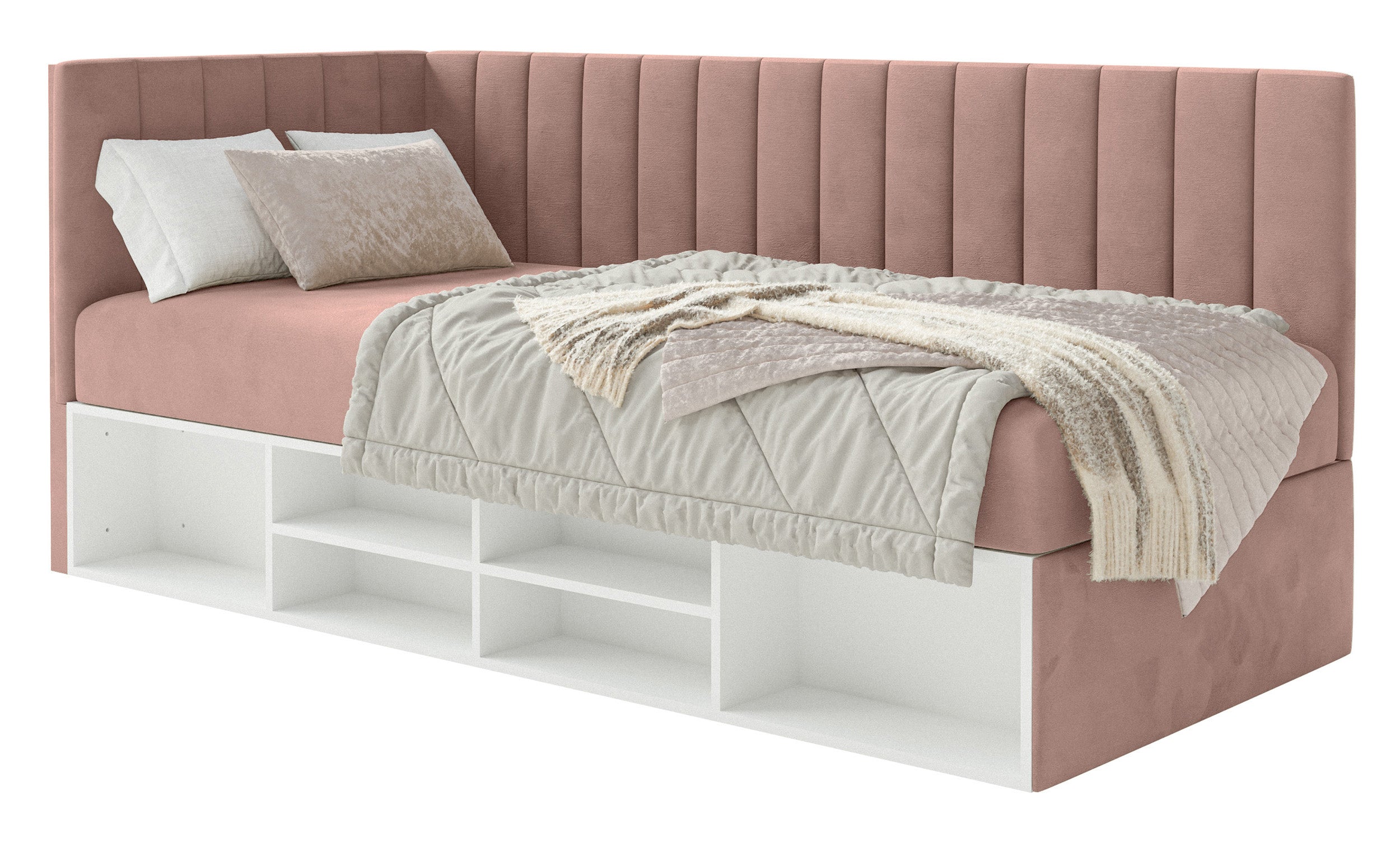 Jugendbett 90x200 cm Ventrio linksseitig mit Stauraum und Regalen, hellrosa Velours, wasserabweisend und leicht zu reinigen