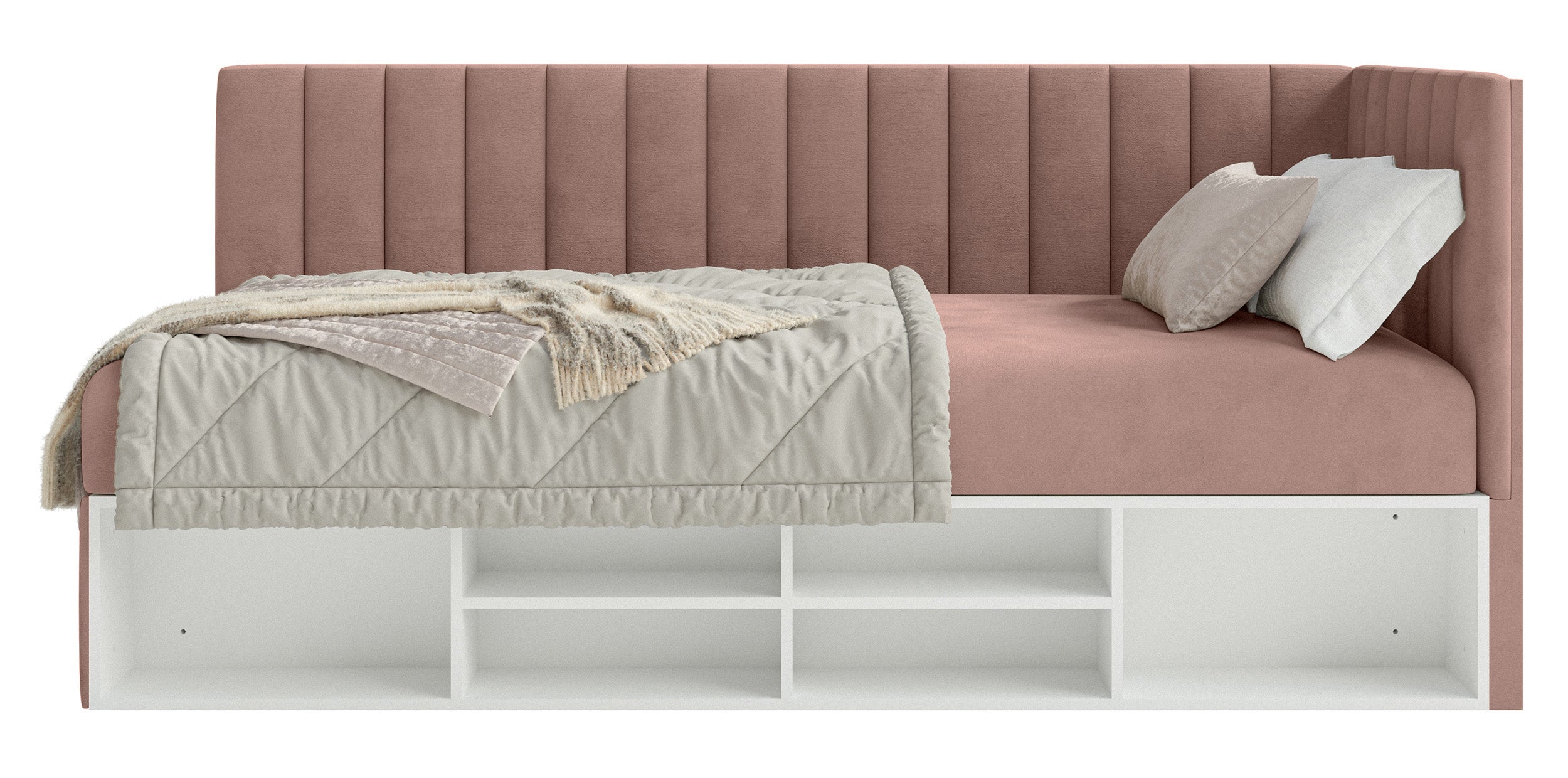 Jugendbett 90x200 cm Ventrio rechtsseitig mit Stauraum und Regalen, hellrosa Velours, wasserabweisend und leicht zu reinigen