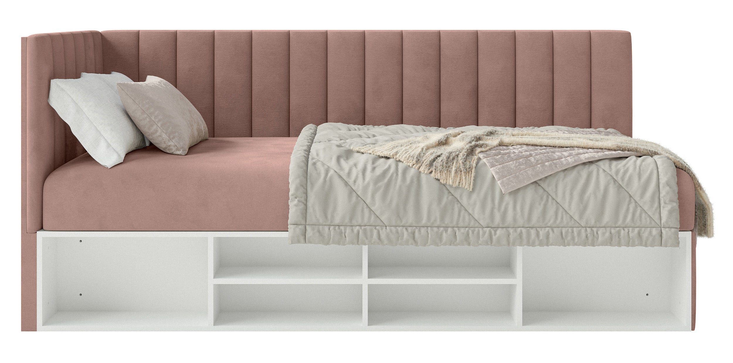 Jugendbett 90x200 cm Ventrio linksseitig mit Stauraum und Regalen, hellrosa Velours, wasserabweisend und leicht zu reinigen