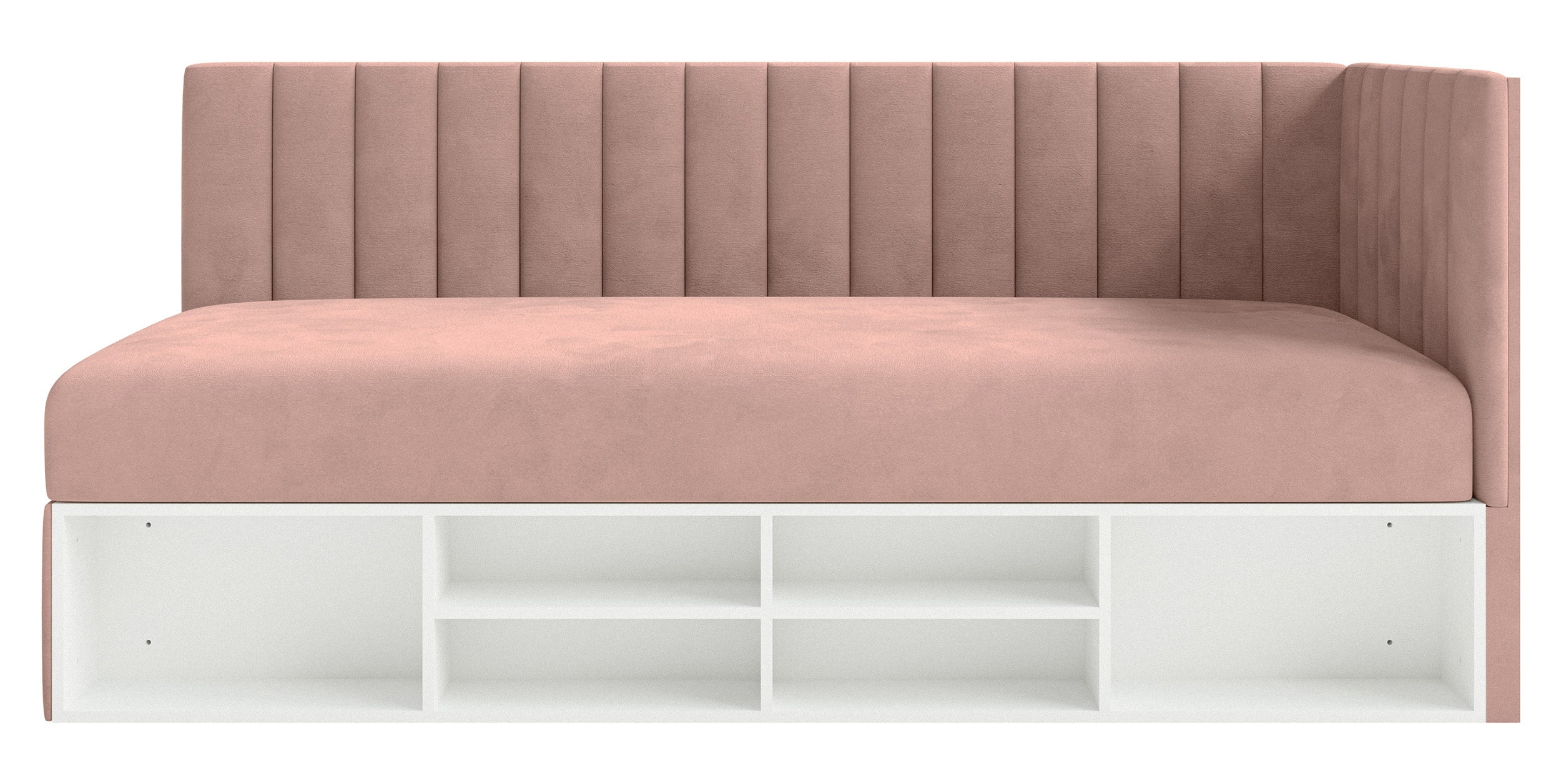 Jugendbett 90x200 cm Ventrio rechtsseitig mit Stauraum und Regalen, hellrosa Velours, wasserabweisend und leicht zu reinigen