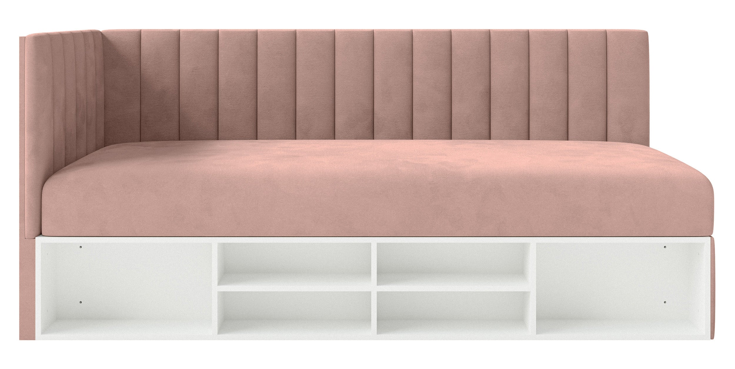 Jugendbett 90x200 cm Ventrio linksseitig mit Stauraum und Regalen, hellrosa Velours, wasserabweisend und leicht zu reinigen