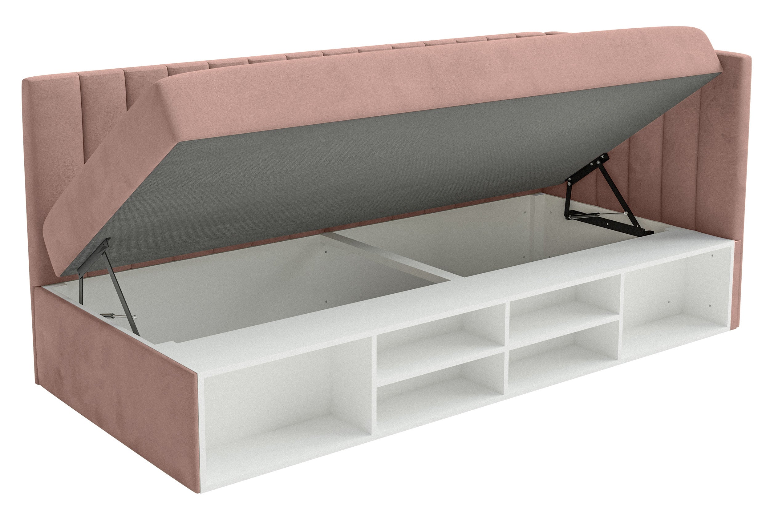 Jugendbett 90x200 cm Ventrio rechtsseitig mit Stauraum und Regalen, hellrosa Velours, wasserabweisend und leicht zu reinigen